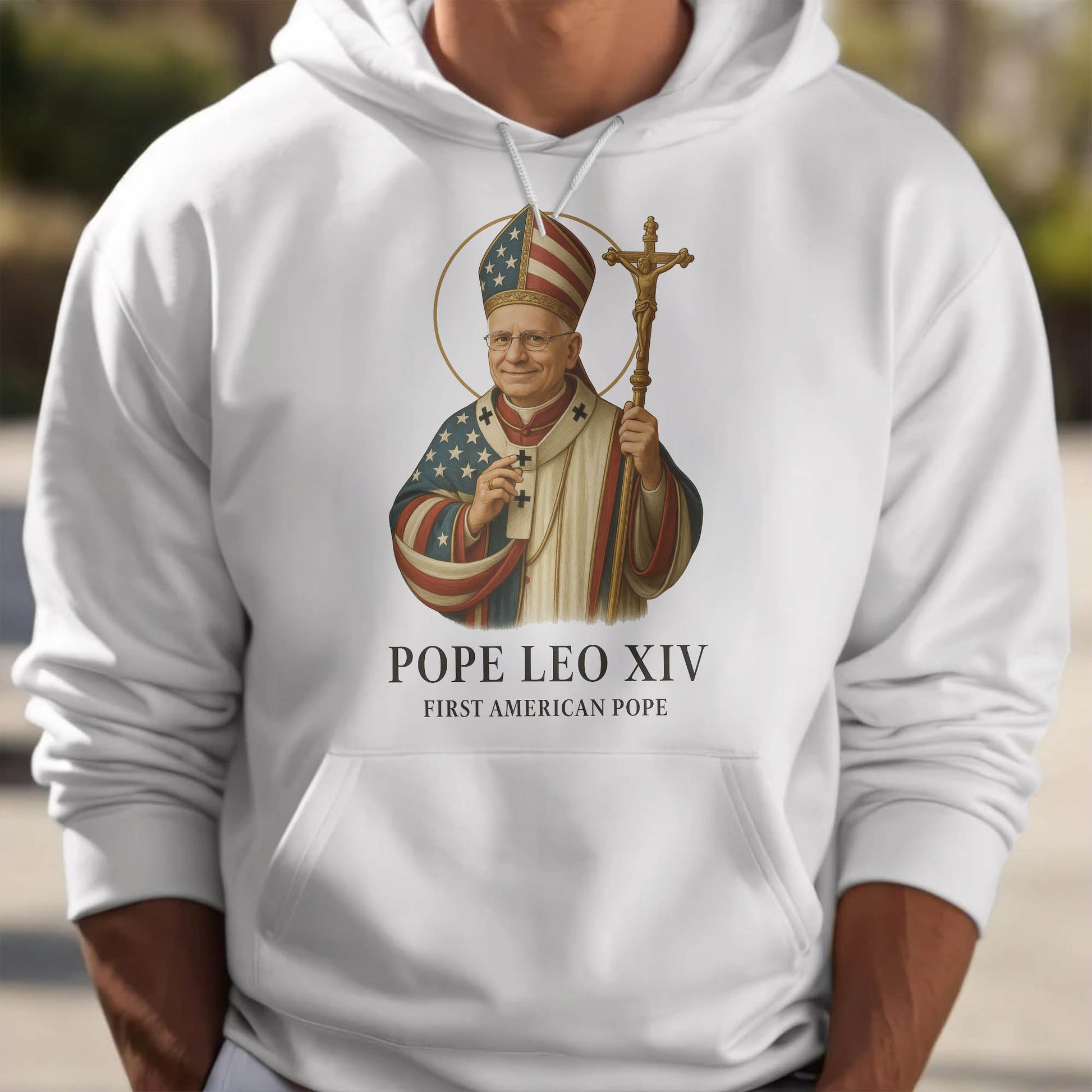 Pope Leo XIV, First American Pope, American Flag and Cross