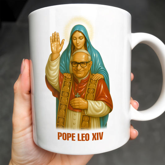 Pope Leo XIV Coffee Mug Featuring Pope and Virgin Mary
