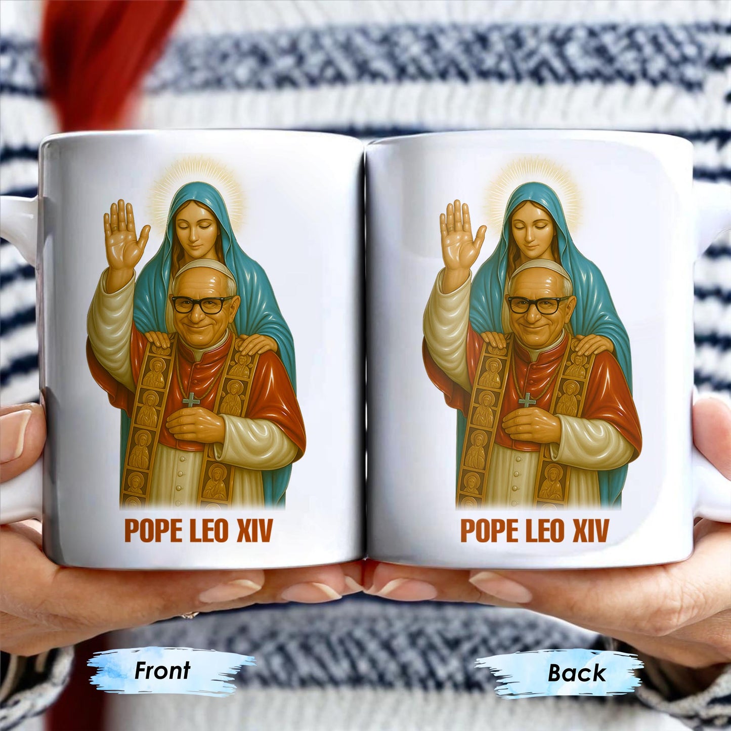 Pope Leo XIV Coffee Mug Featuring Pope and Virgin Mary