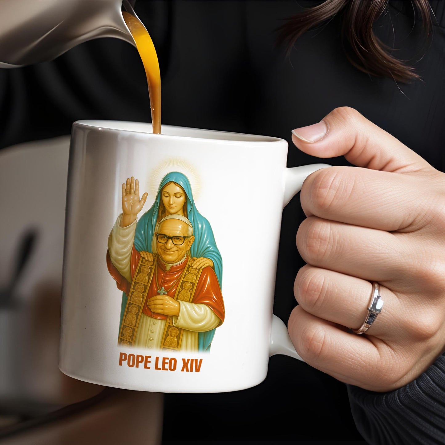 Pope Leo XIV Coffee Mug Featuring Pope and Virgin Mary