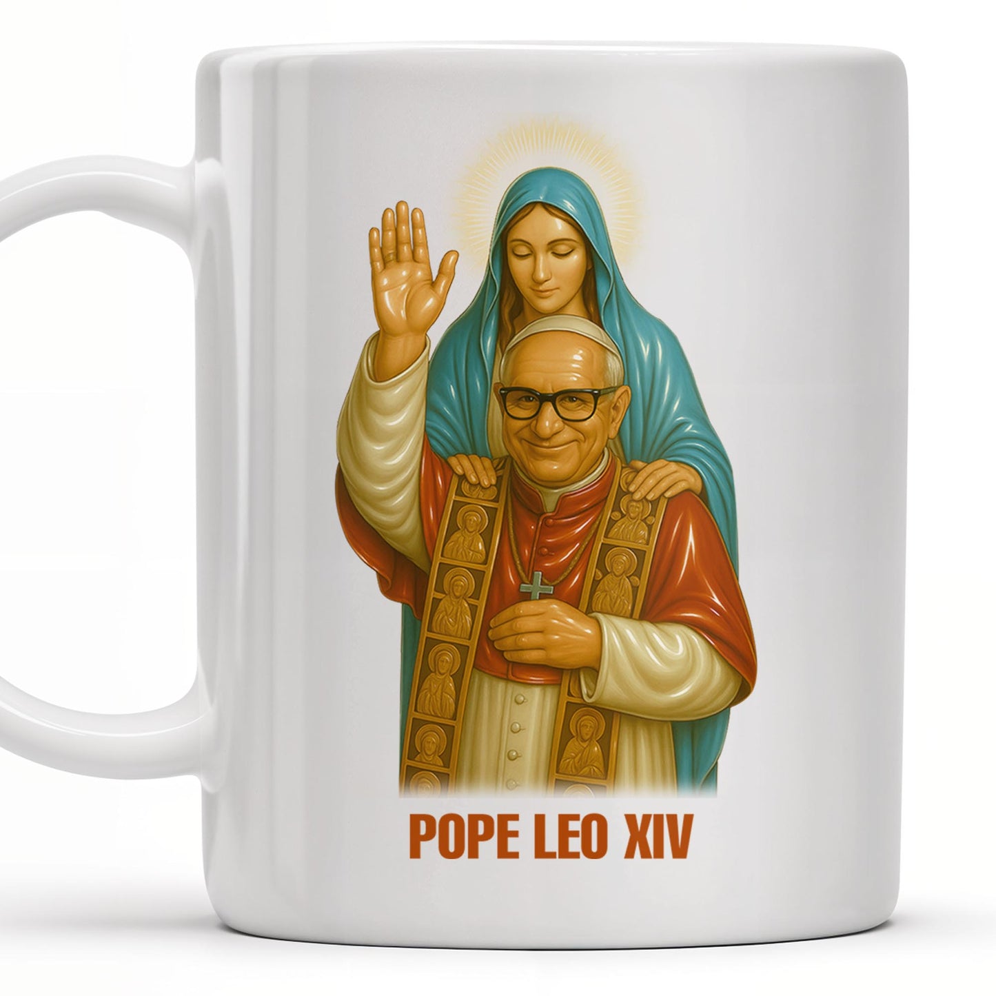 Pope Leo XIV Coffee Mug Featuring Pope and Virgin Mary