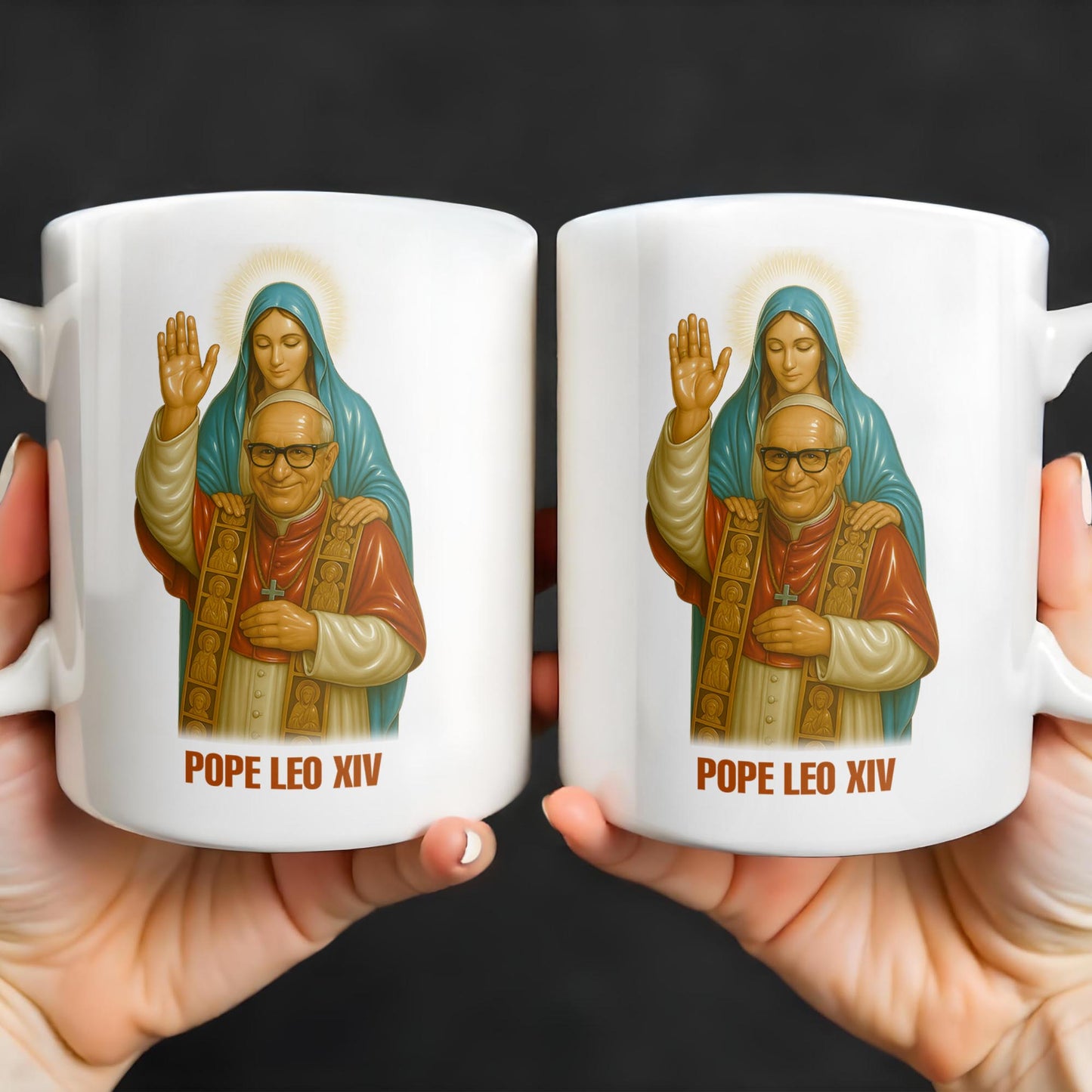 Pope Leo XIV Coffee Mug Featuring Pope and Virgin Mary