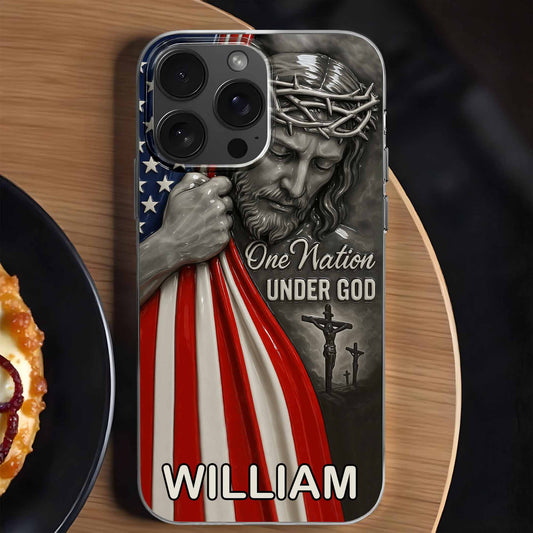 Une nation sous Dieu avec Jésus et le drapeau américain – Coque de téléphone transparente personnalisée – FTH088_PHC