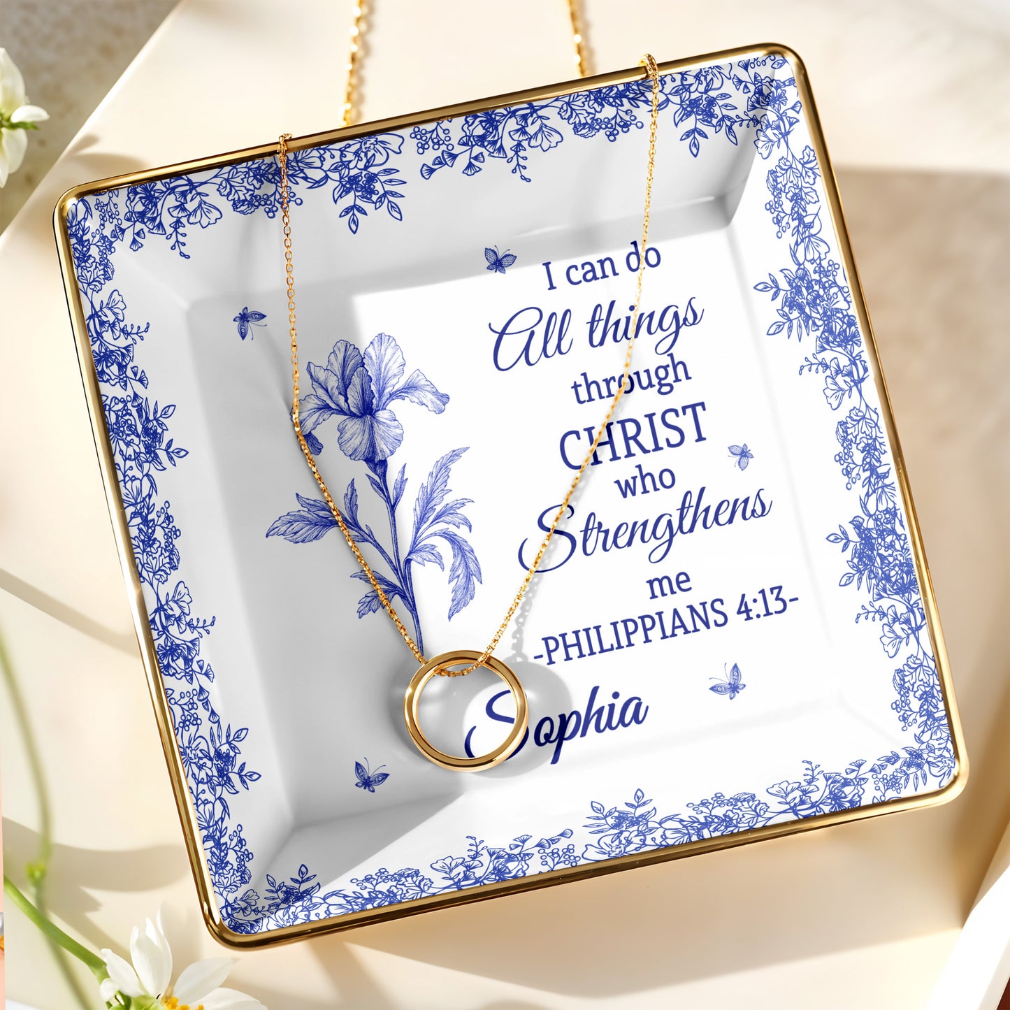 I Can Do All Things Through Christ, Floral Design - Personalized Custom Jewelry Dish, Ceramic Dish, Square Shape - FTH112_SCRF