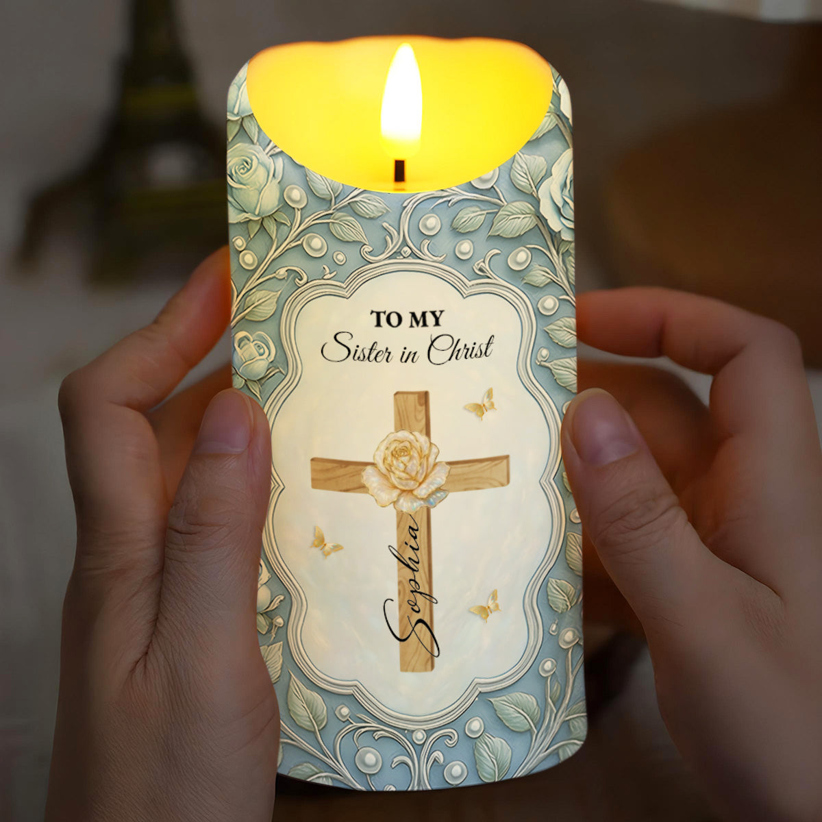 To My Sister in Christ, Cross and Roses LED Candle