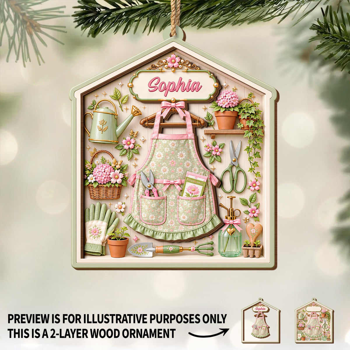 Garden Tools And Floral Apron Personalized Garden Lovers Decor - Personalized Double Layer Wood Ornament - GAR131_DWO