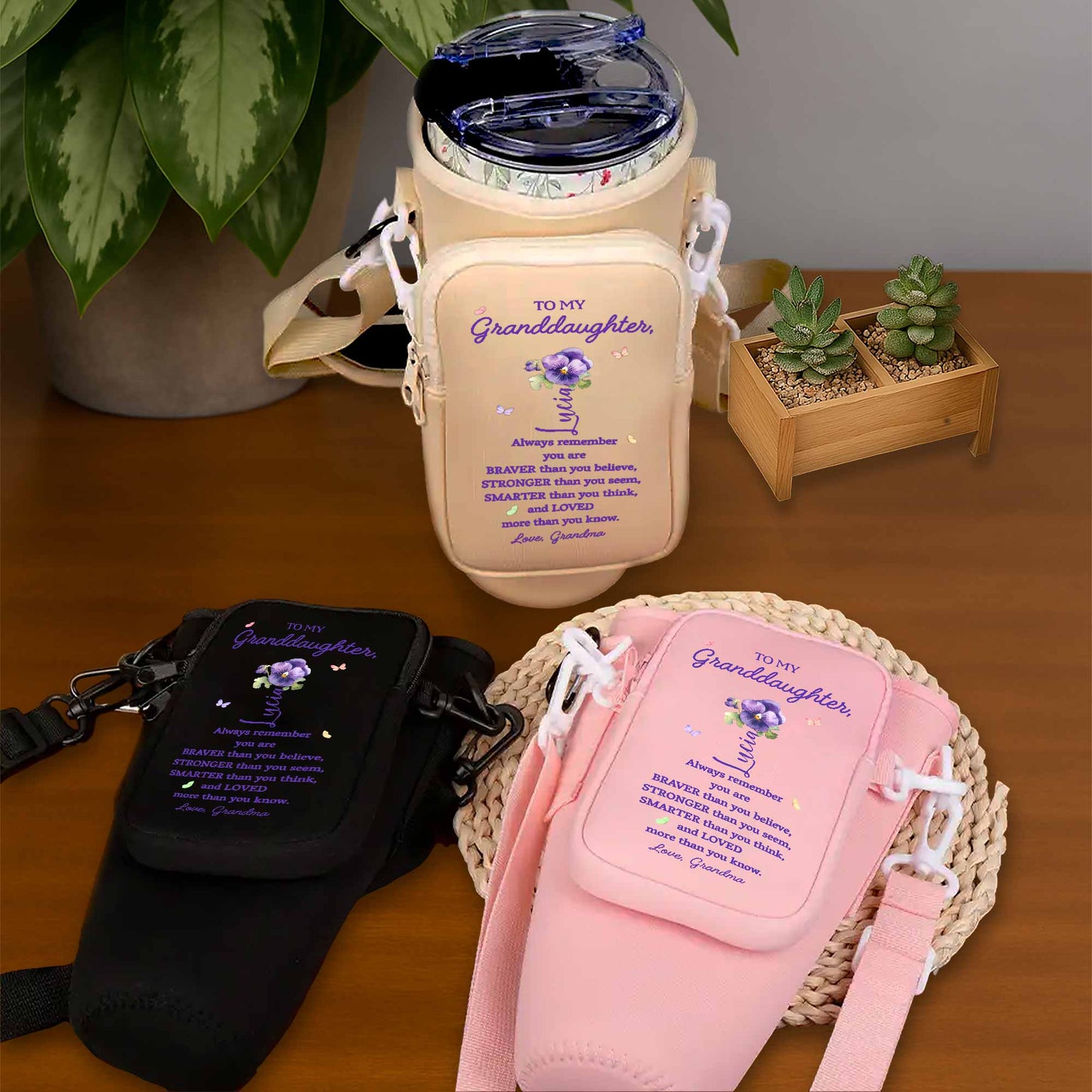 N'oubliez jamais que vous êtes plus courageux, plus fort, plus intelligent ! Sac porte-bouteille personnalisé - GDT002_BCB