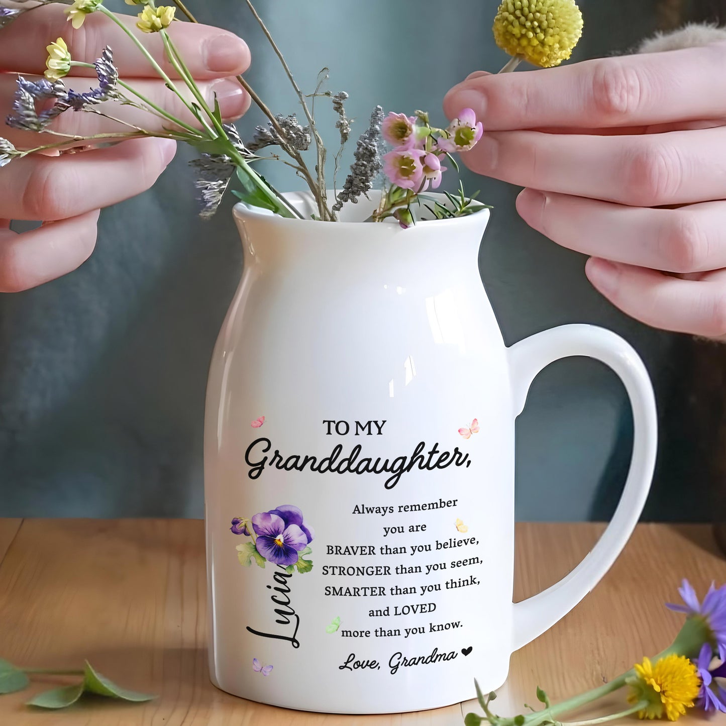 Braver, Stronger, Smarter Granddaughter Love Message With Flowers - Personalized Ceramic Flower Vase - GDT002_CEV