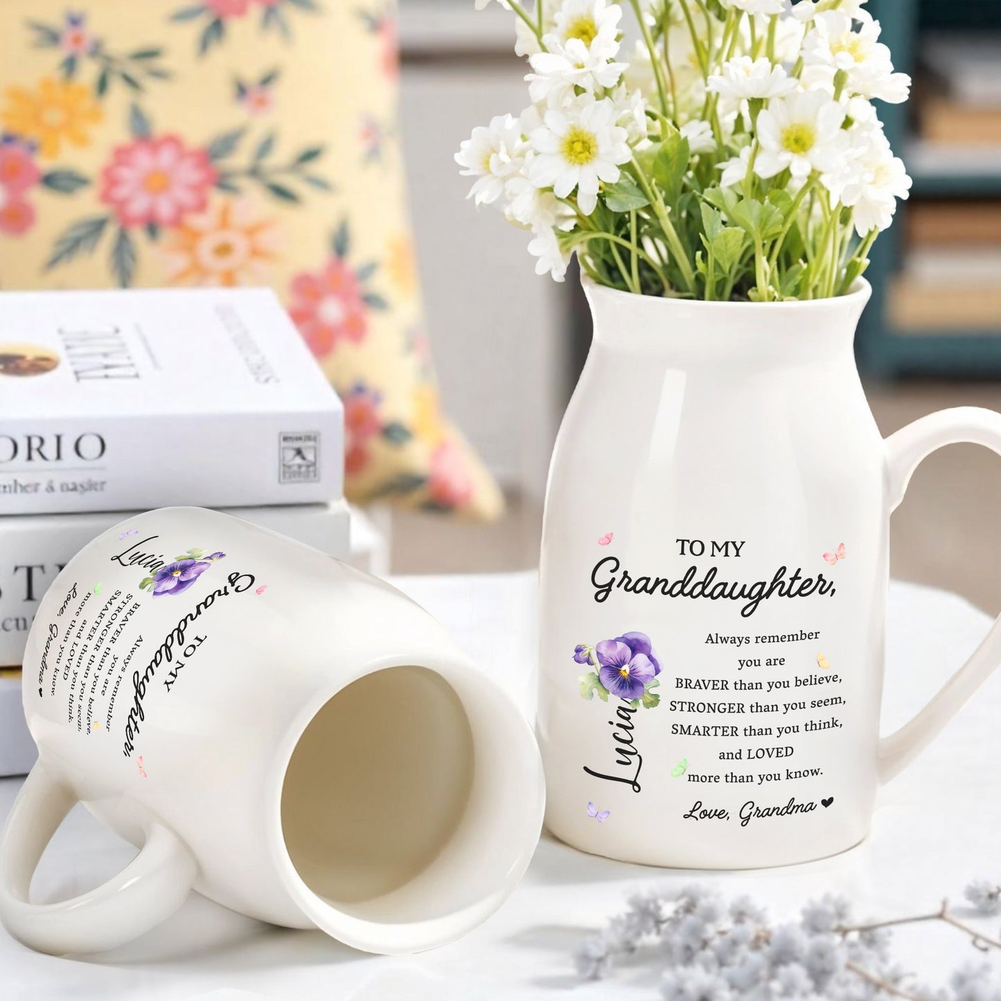 Braver, Stronger, Smarter Granddaughter Love Message With Flowers - Personalized Ceramic Flower Vase - GDT002_CEV