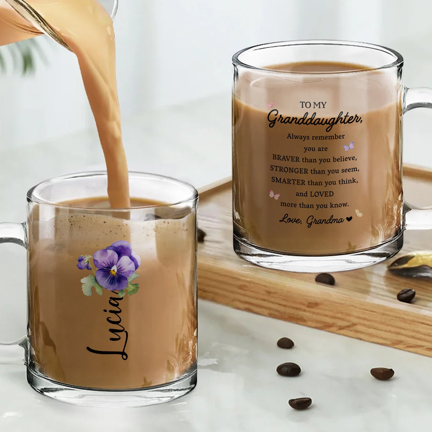 Loving Message To Granddaughter With Beautiful Flower Design - Personalized Custom Glass Mug - GDT002_GLM