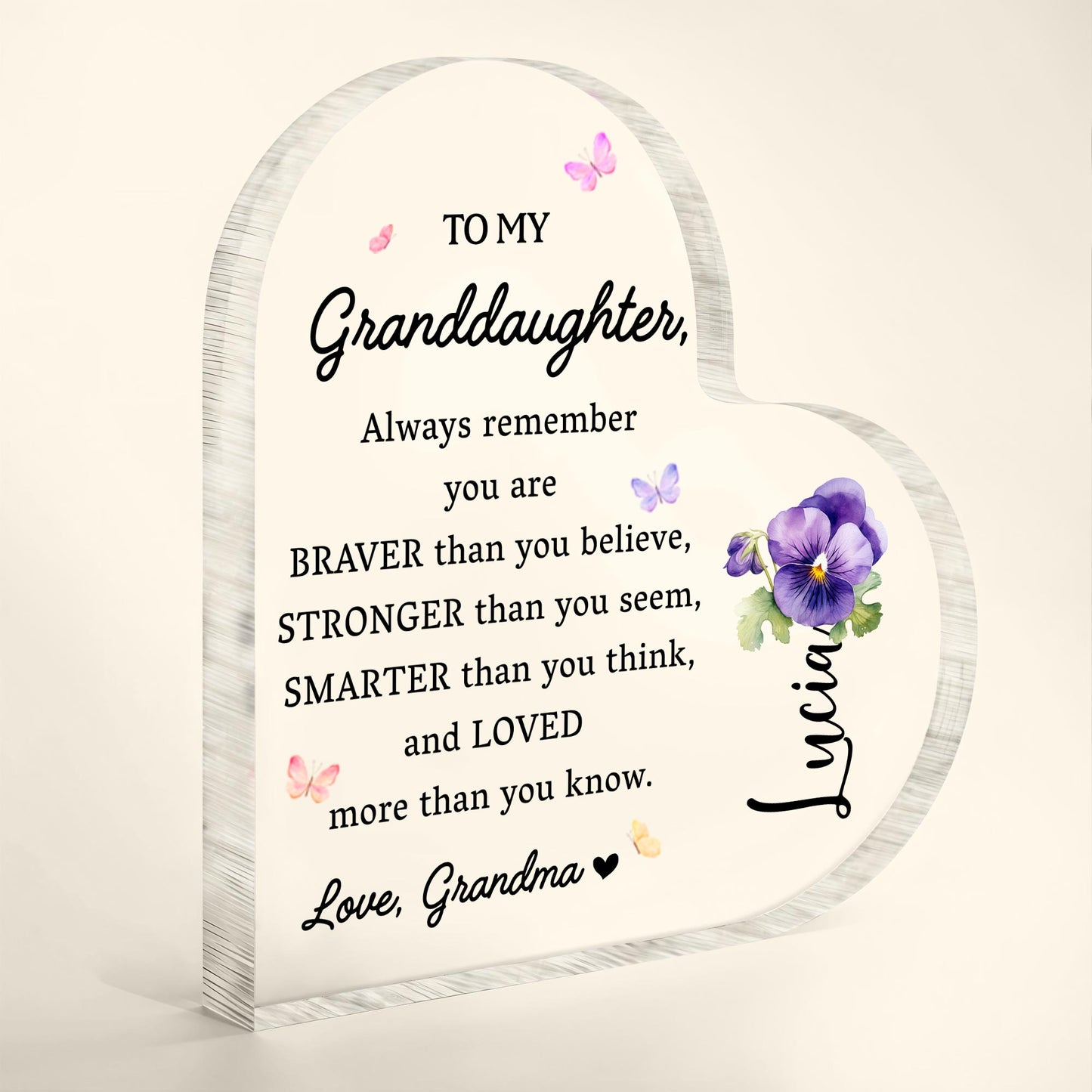 Braver Stronger Smarter Loved Inspiring Quote With Pansy Flower - Personalized Heart Shaped Acrylic Plaque - GDT002_HAP
