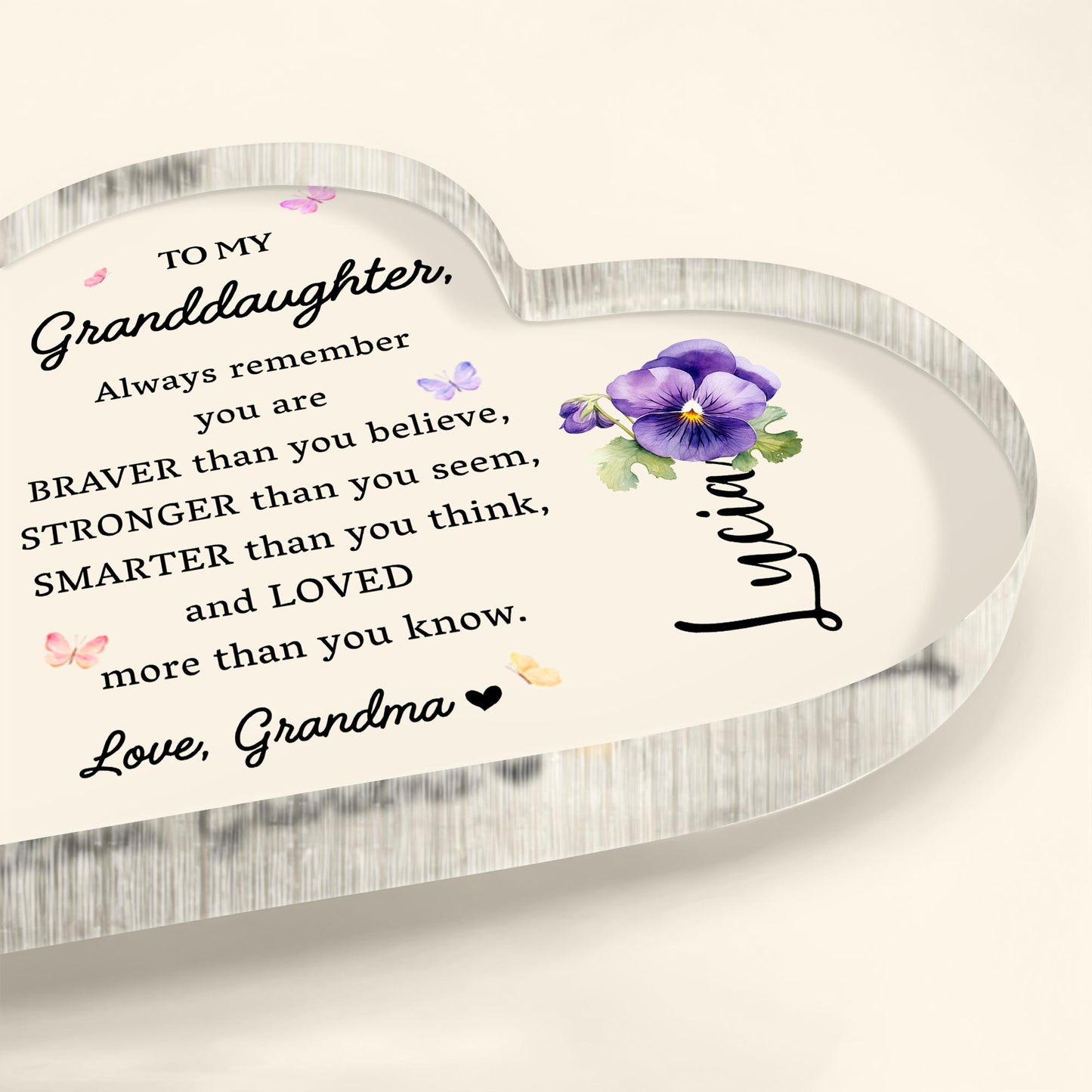 Braver Stronger Smarter Loved Inspiring Quote With Pansy Flower - Personalized Heart Shaped Acrylic Plaque - GDT002_HAP