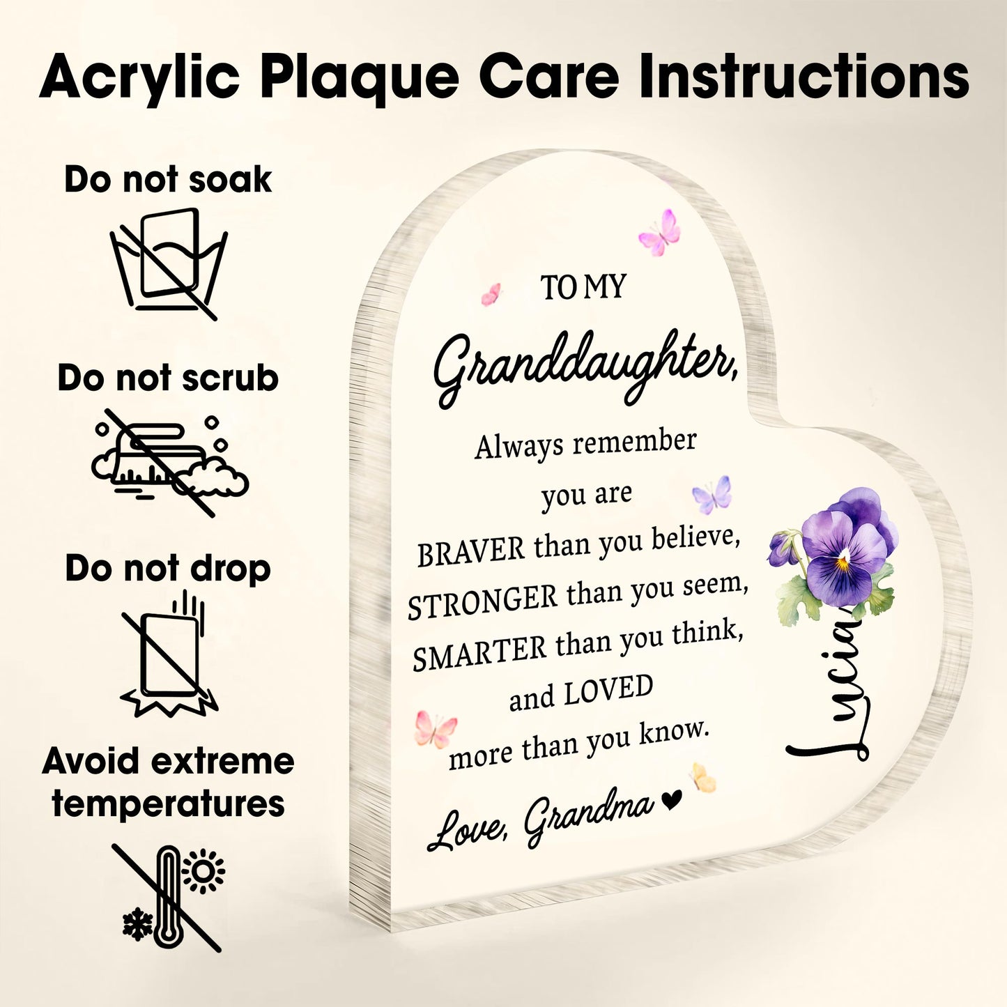 Braver Stronger Smarter Loved Inspiring Quote With Pansy Flower - Personalized Heart Shaped Acrylic Plaque - GDT002_HAP
