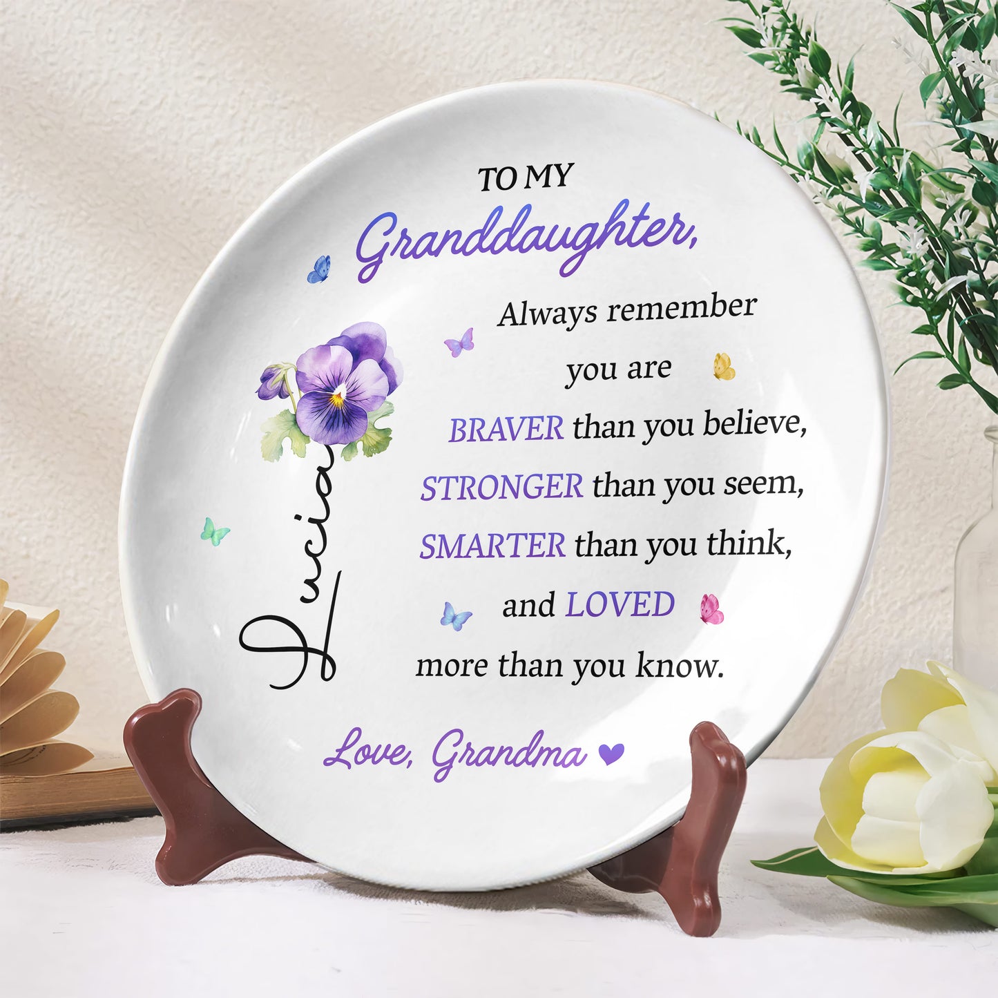 To My Granddaughter, Always Remember You Are Braver Than You Believe, Pansy Flower and Butterflies