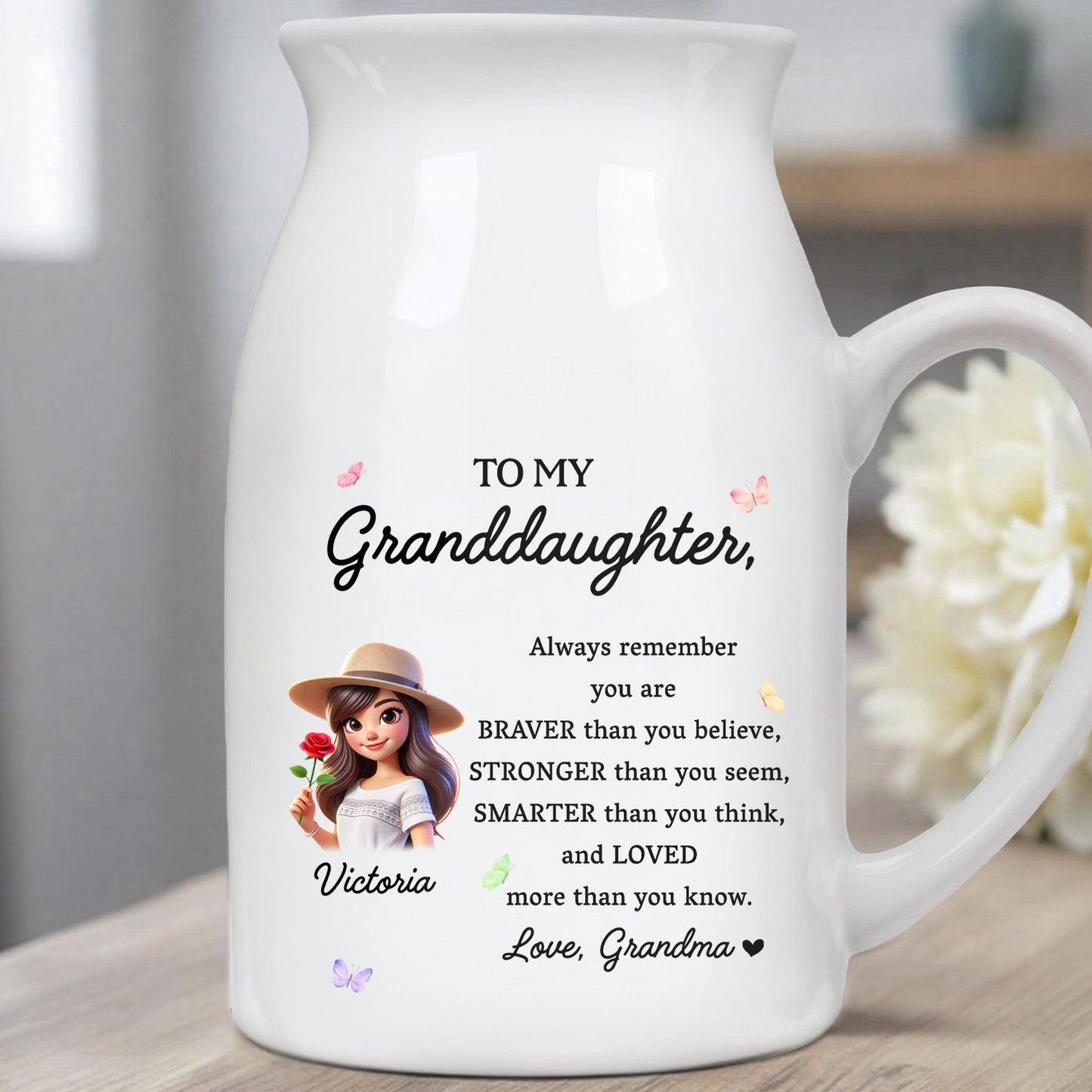 Braver, Stronger, Smarter, Loved Granddaughter Inspirational Message - Personalized Ceramic Flower Vase - GDT034_CEV