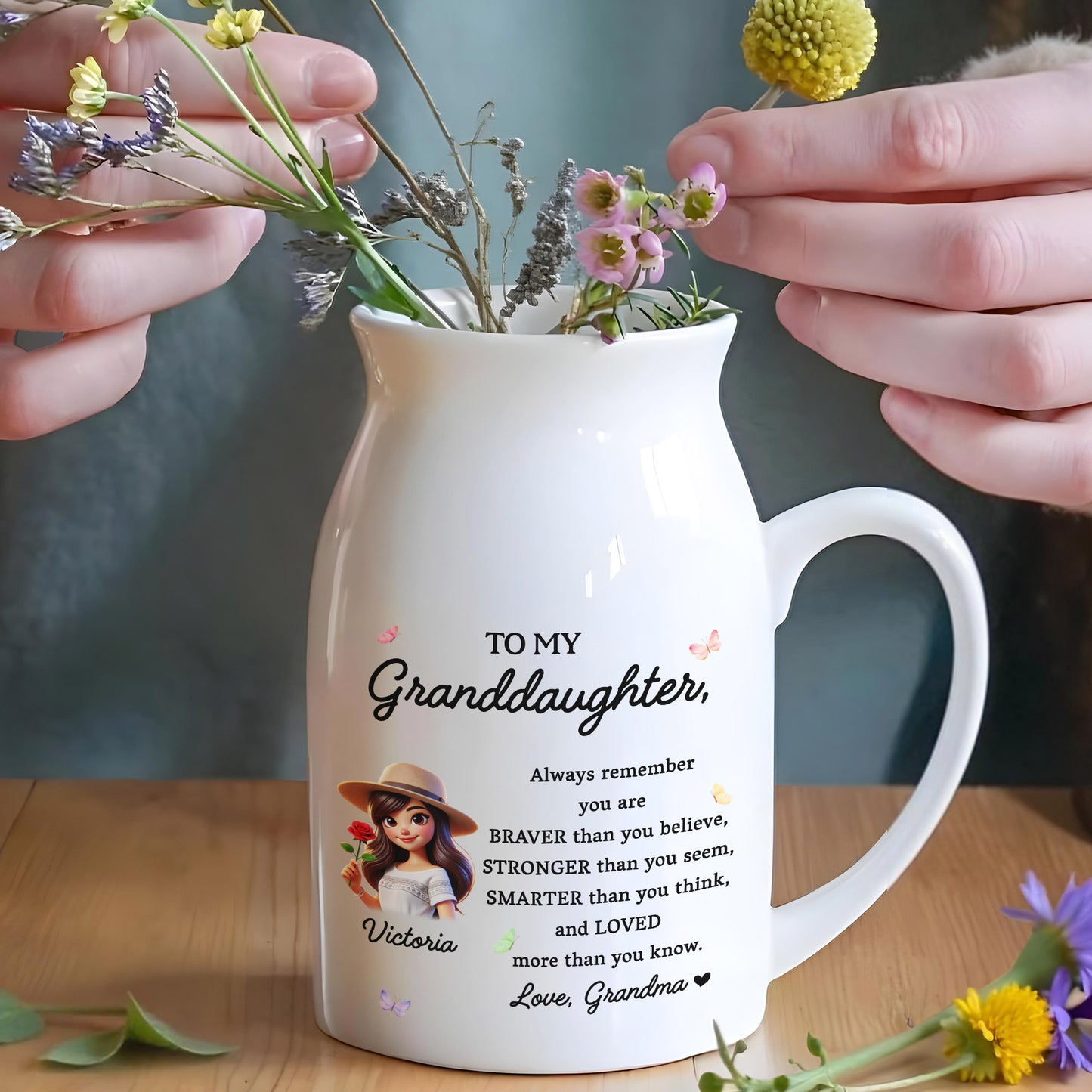 Braver, Stronger, Smarter, Loved Granddaughter Inspirational Message - Personalized Ceramic Flower Vase - GDT034_CEV