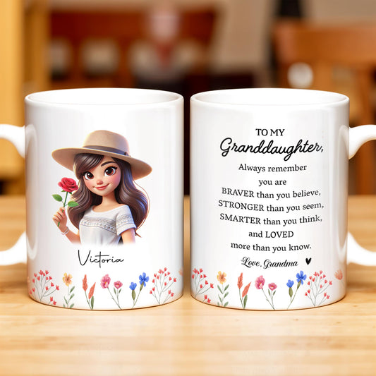 Citation de motivation « Braver, Stronger, Smarter, Loved » avec rose – Tasse à café personnalisée – GDT034_MG