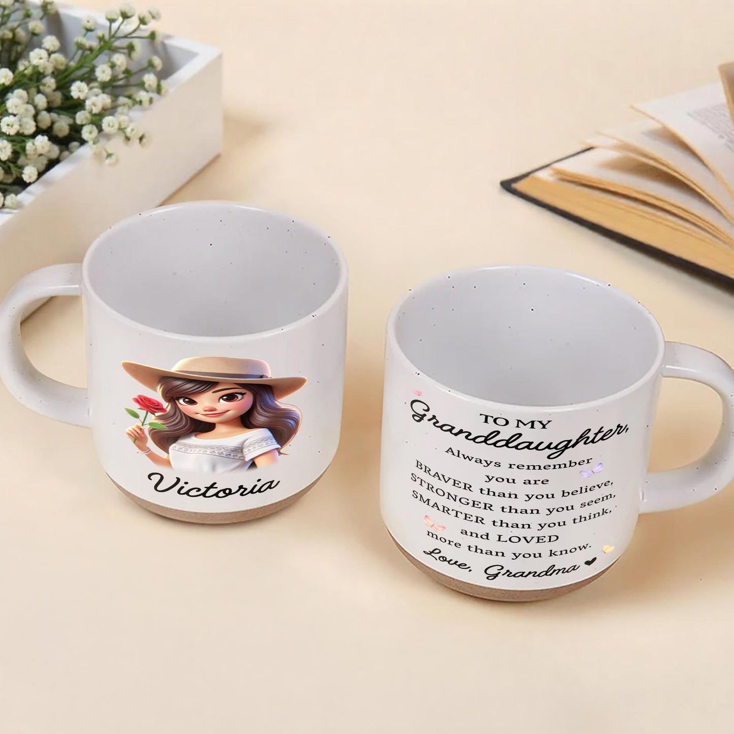Loving Message To Granddaughter With Floral Design - Personalized Pottery Mug, White Color - GDT034_PMGW