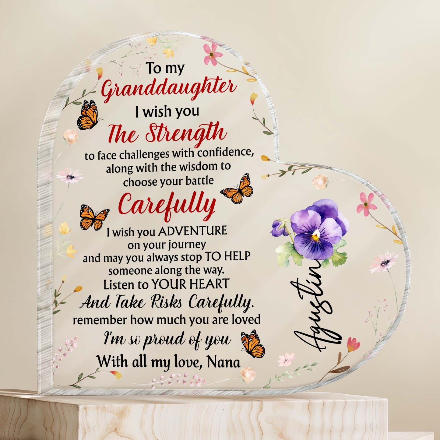 Granddaughter Strength And Adventure Heartfelt Message With Butterflies And Flowers - Personalized Heart Shaped Acrylic Plaque - GDT060_HAP