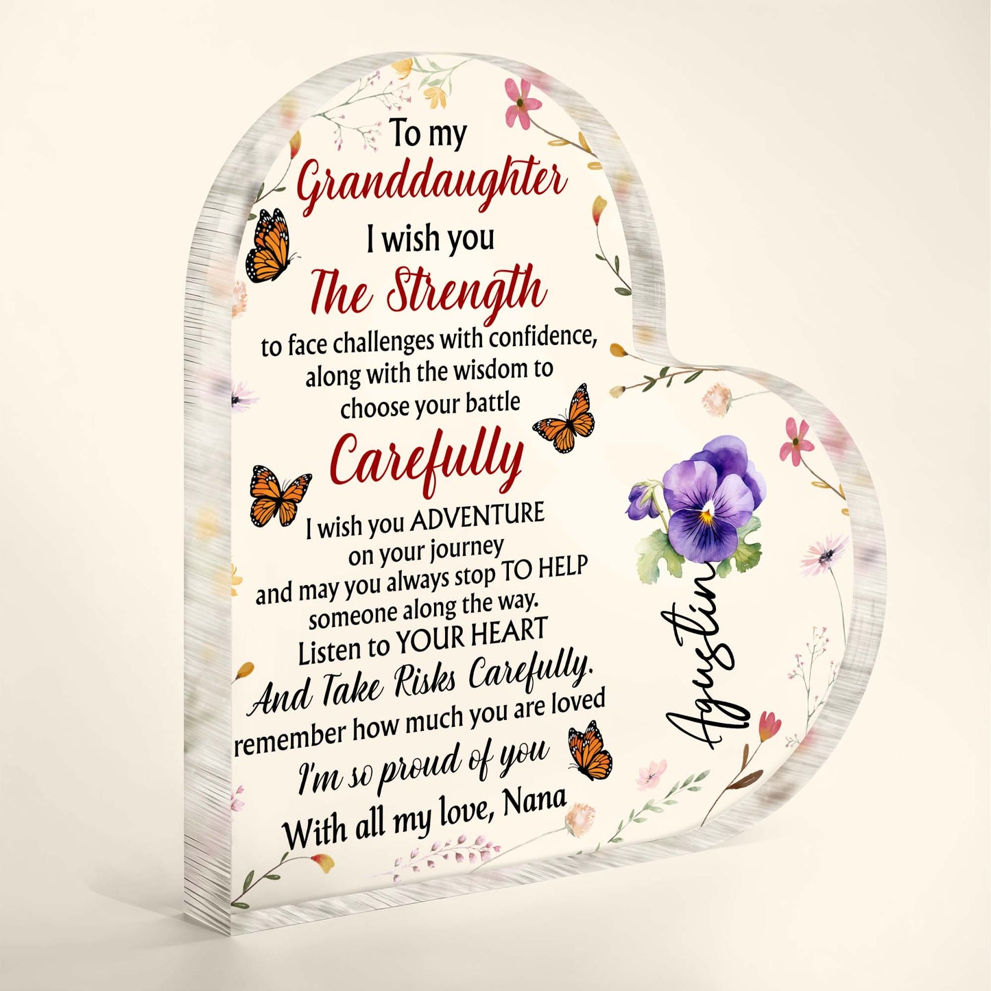 Granddaughter Strength And Adventure Heartfelt Message With Butterflies And Flowers - Personalized Heart Shaped Acrylic Plaque - GDT060_HAP