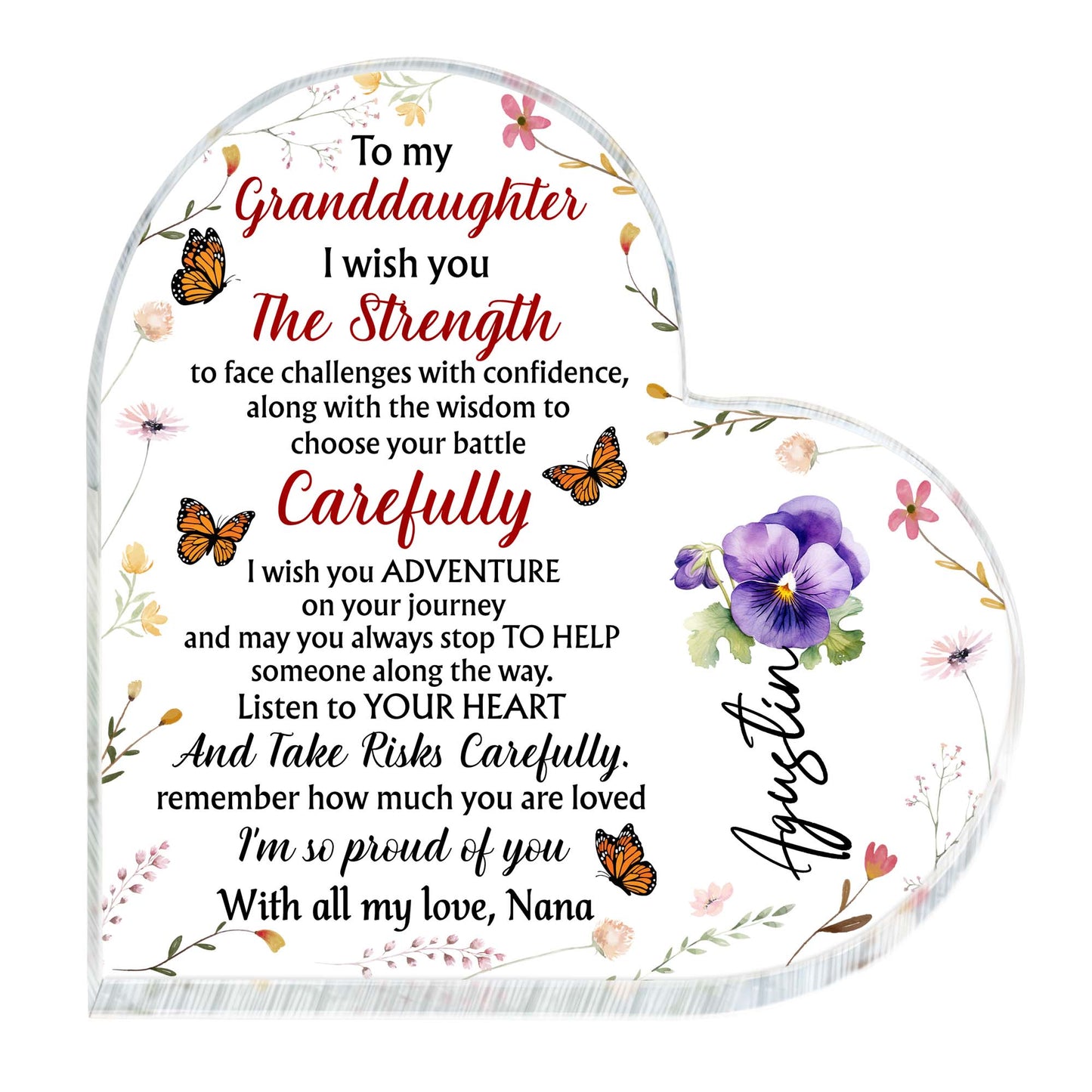 Petite-fille : force et aventure ! Message sincère avec papillons et fleurs – Plaque acrylique personnalisée en forme de cœur – GDT060_HAP