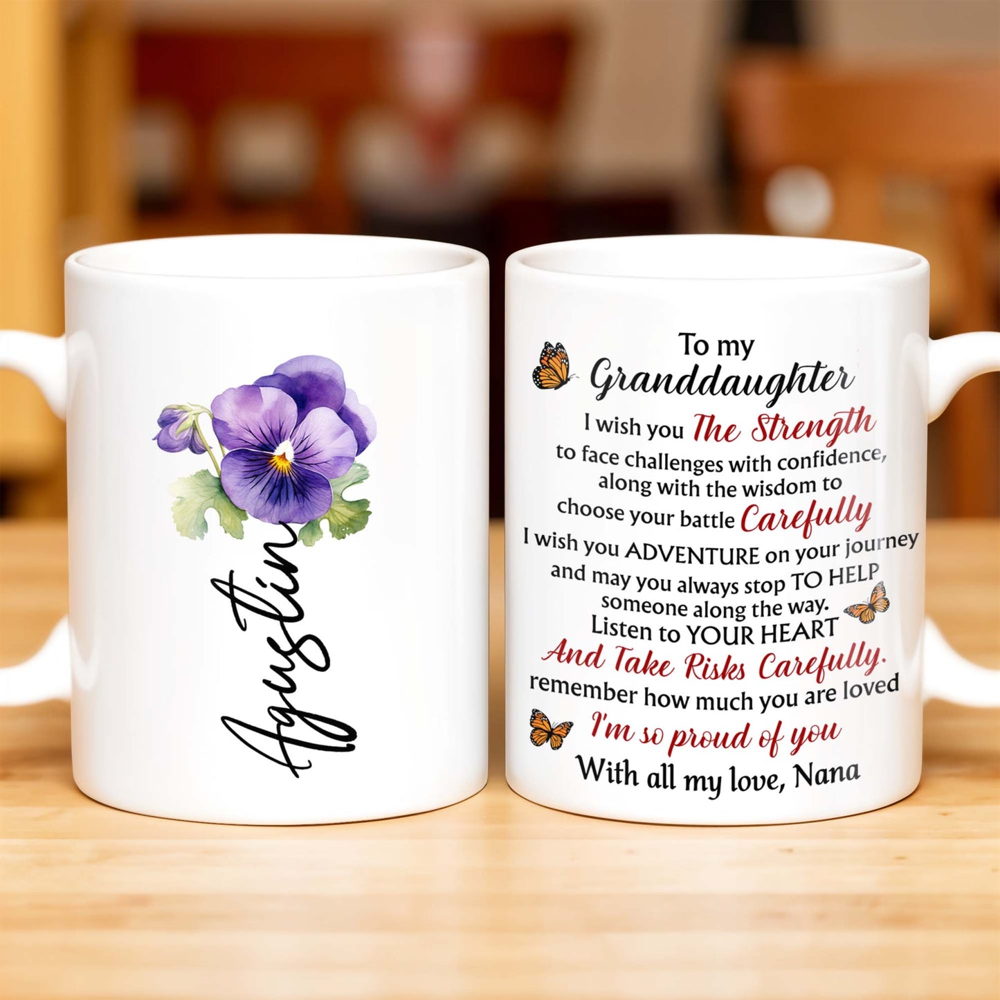 Citation inspirante « Force et sagesse » de ma petite-fille, avec fleurs et papillons – Tasse à café personnalisée – GDT060_MG
