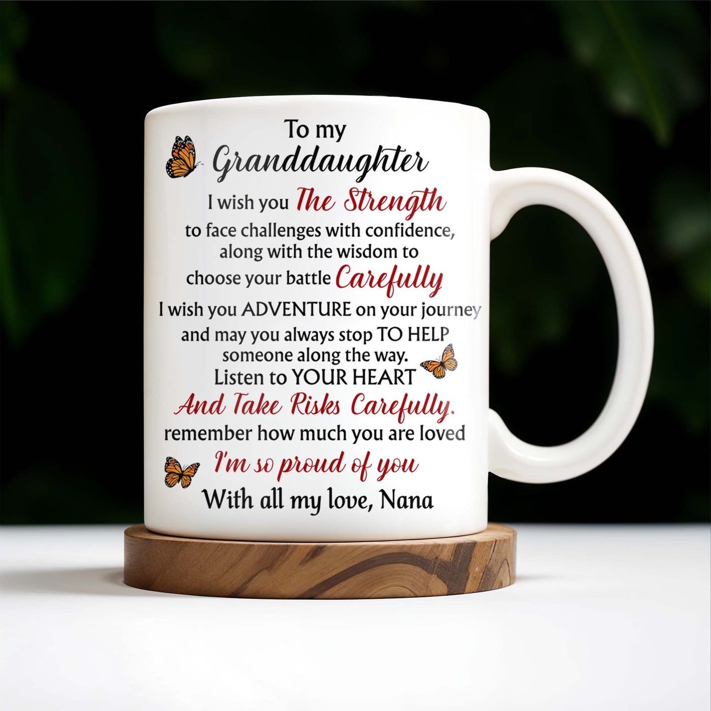 Citation inspirante « Force et sagesse » de ma petite-fille, avec fleurs et papillons – Tasse à café personnalisée – GDT060_MG