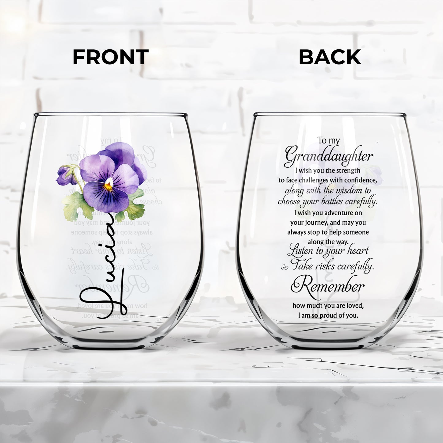 Strength and Wisdom Violets Theme Granddaughter Wine Glass