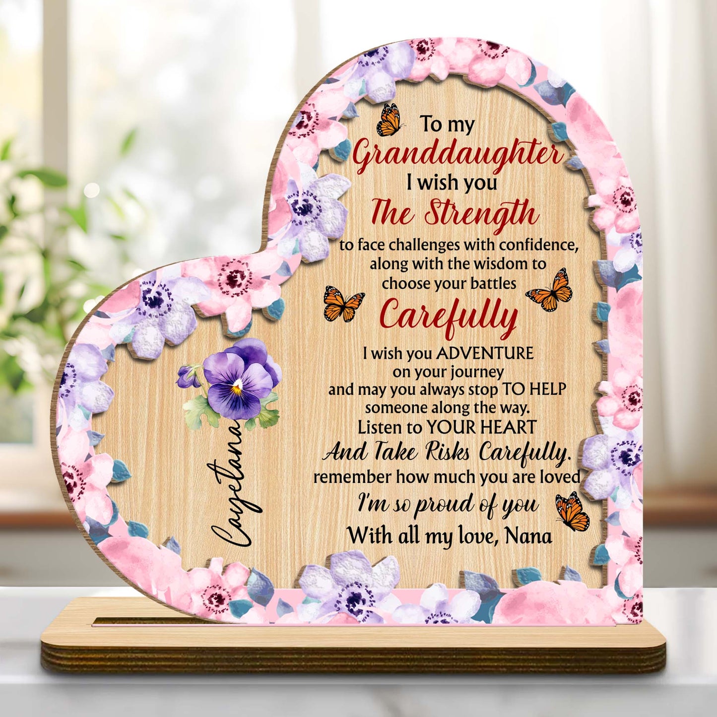 Granddaughter Strength And Adventure Wooden Plaque With Flowers - Personalized Custom 2-Layer Wood Plaque With Flat Base - GDT060_WPLA