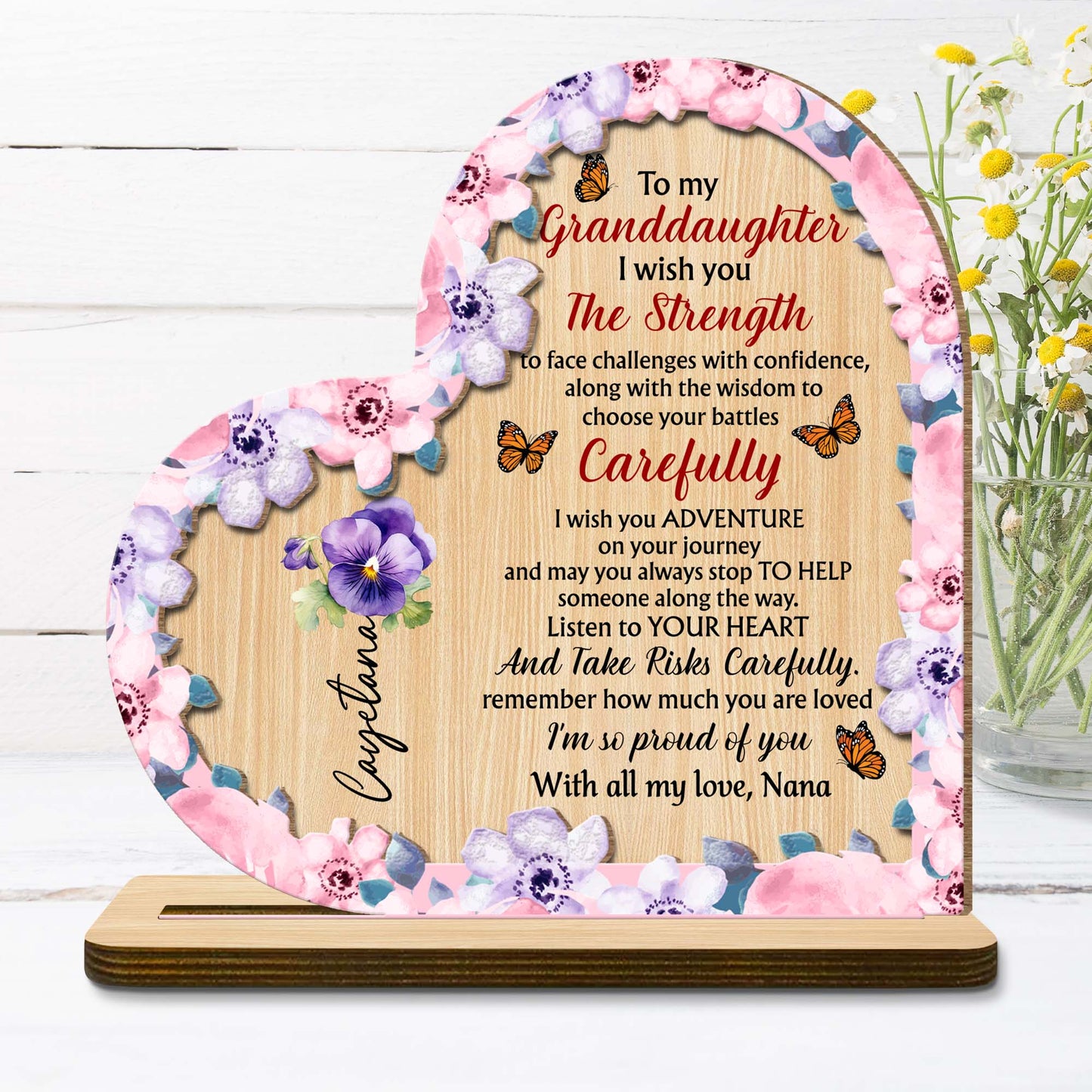 Granddaughter Strength And Adventure Wooden Plaque With Flowers - Personalized Custom 2-Layer Wood Plaque With Flat Base - GDT060_WPLA