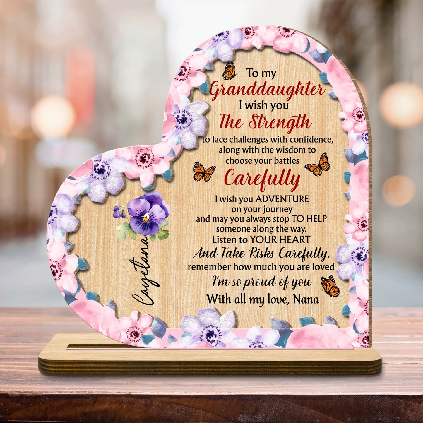 Granddaughter Strength And Adventure Wooden Plaque With Flowers - Personalized Custom 2-Layer Wood Plaque With Flat Base - GDT060_WPLA