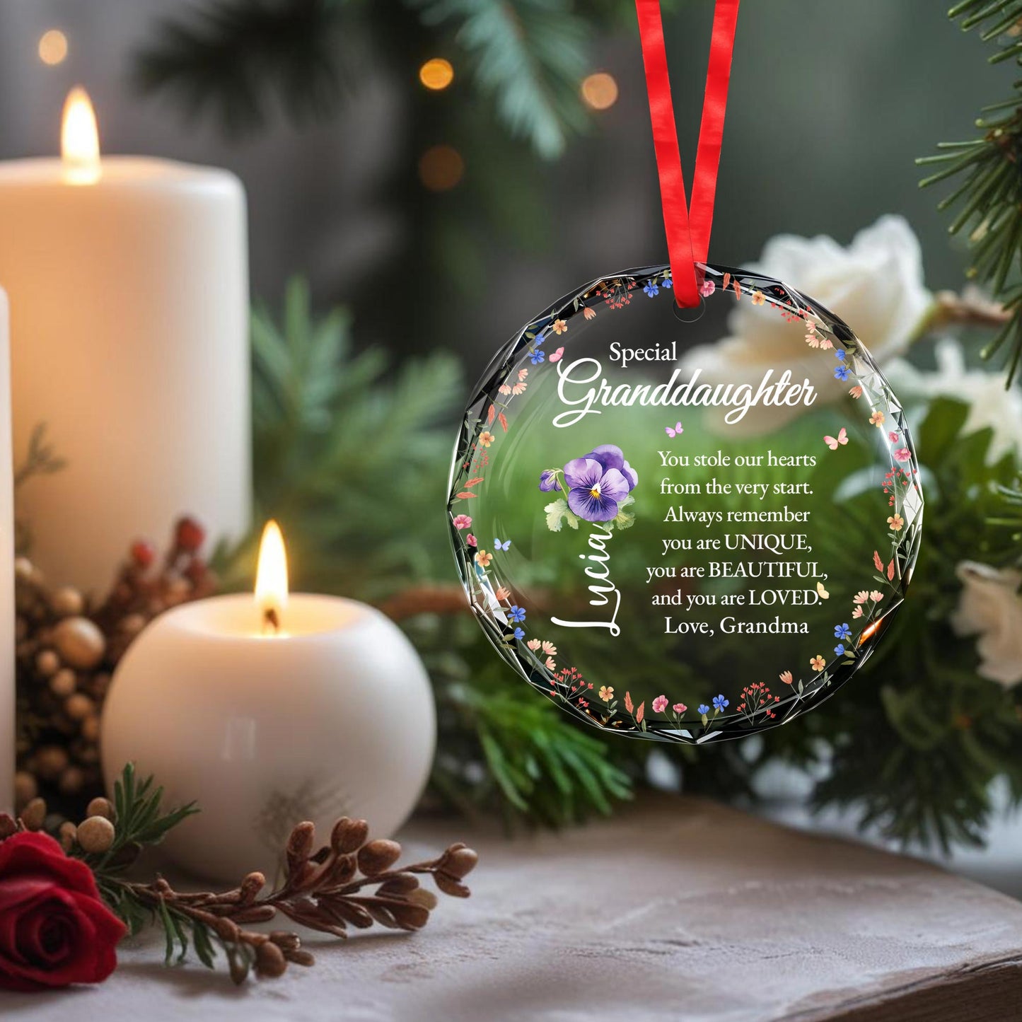 Special Unique and Beautiful Message For Granddaughter - Personalized Custom Circle Glass Ornament - GDT086_CGOR