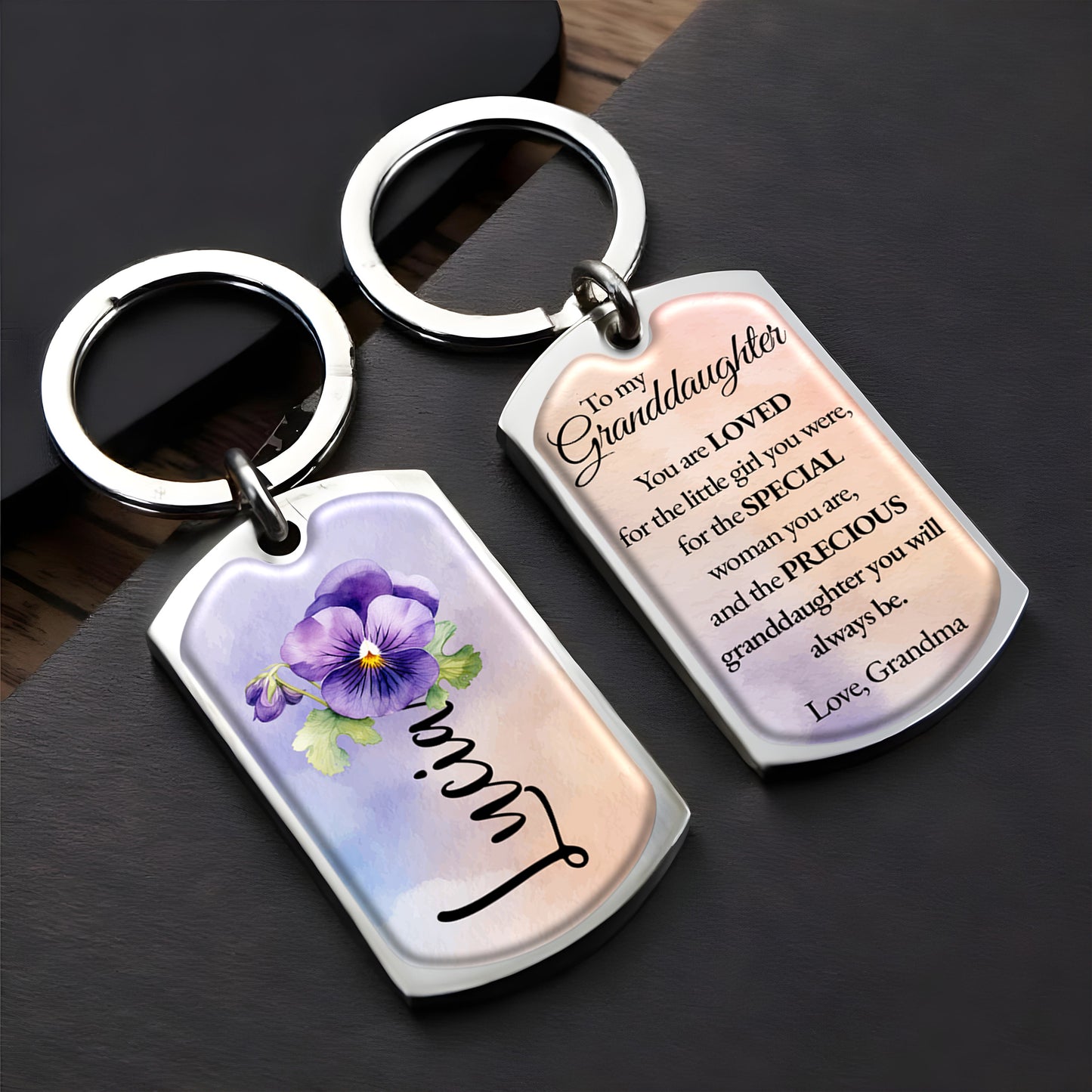 Loved Special and Precious Granddaughter Pansy Flower Keychain