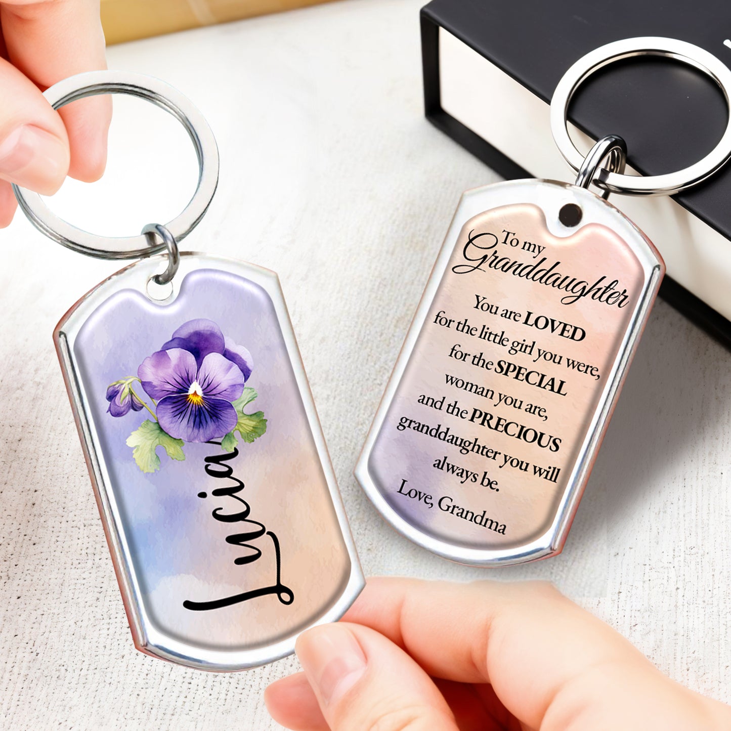 Loved Special and Precious Granddaughter Pansy Flower Keychain