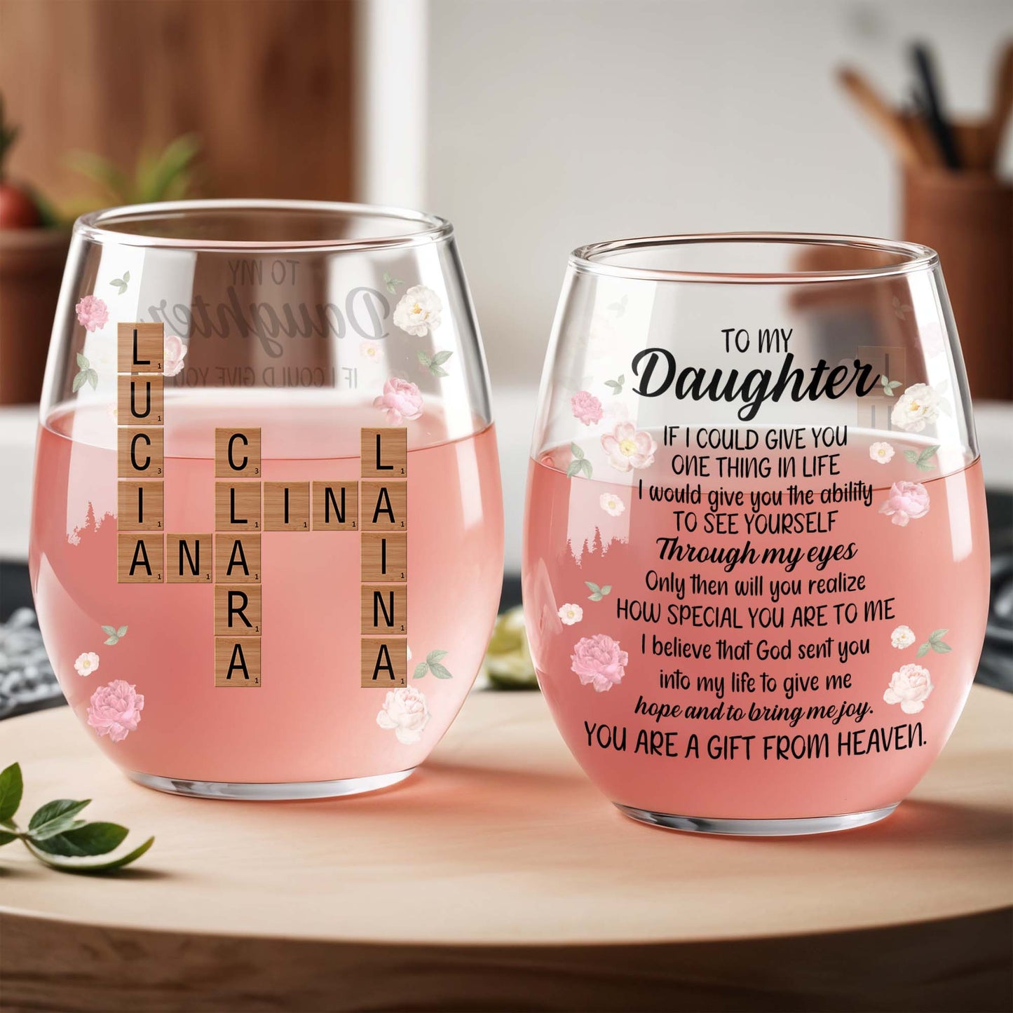 Gift From Heaven Floral Personalized Stemless Wine Glass