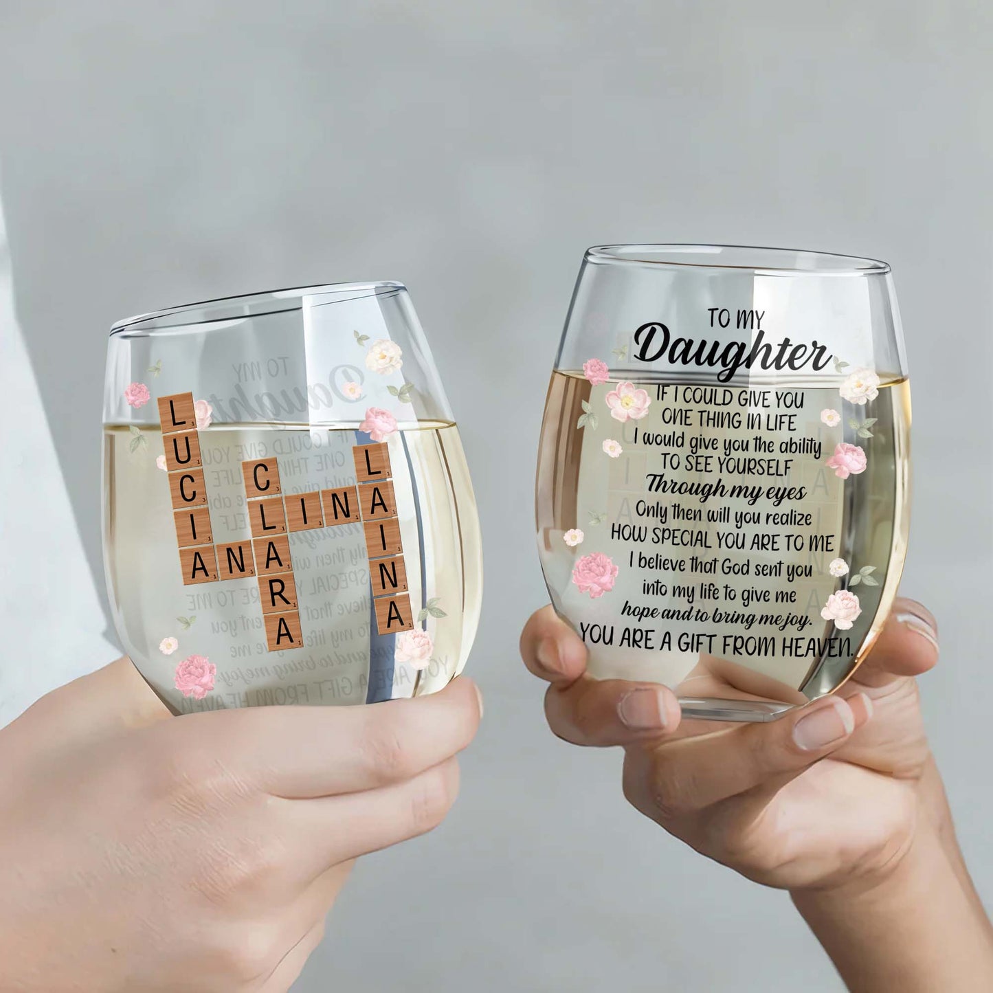 Gift From Heaven Floral Personalized Stemless Wine Glass