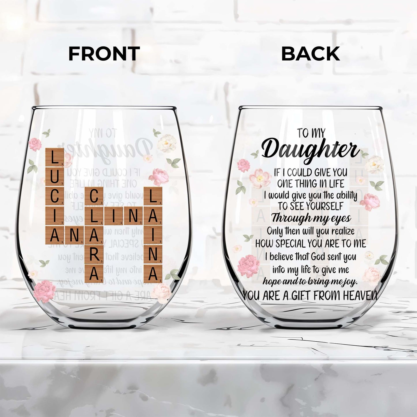 Gift From Heaven Floral Personalized Stemless Wine Glass
