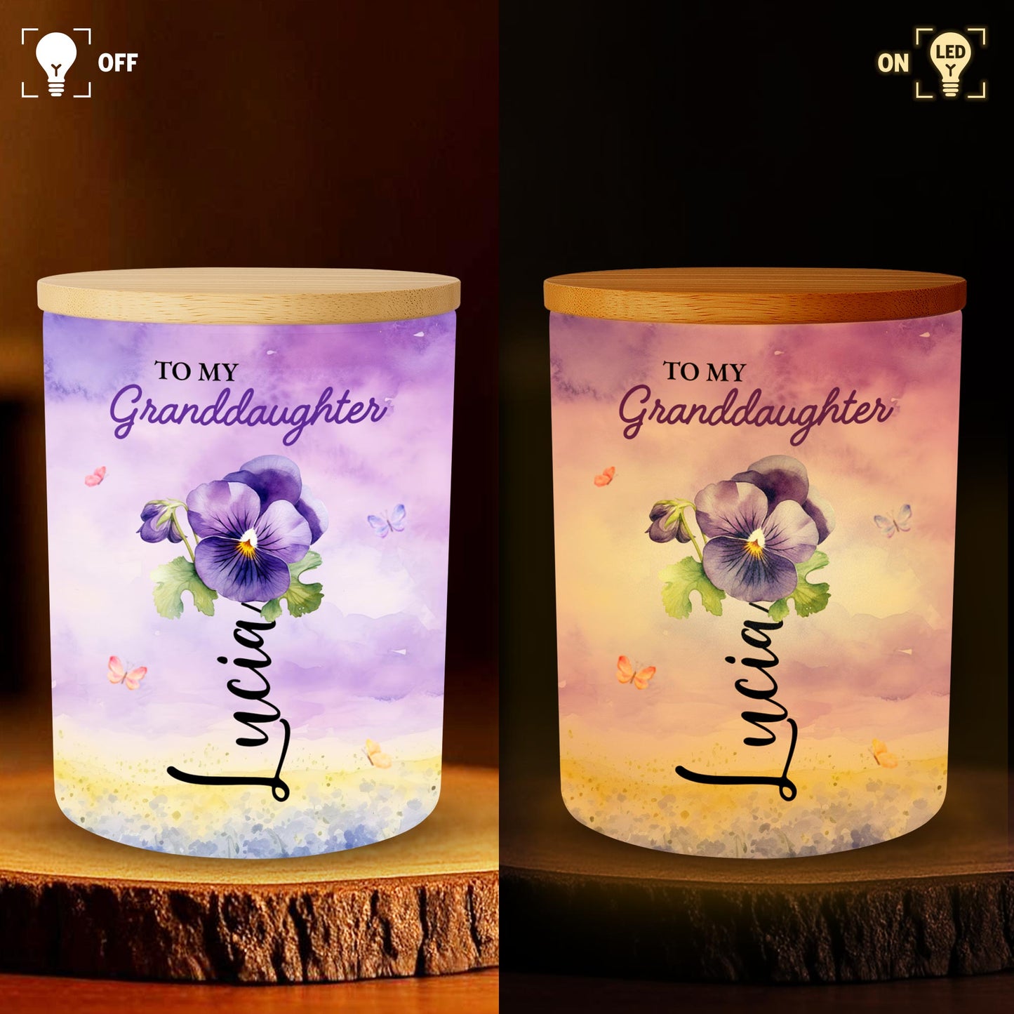 To My Granddaughter Butterfly And Floral Heartfelt Message - Personalized Custom Glass Jar With LED - GDT108_LEJAR