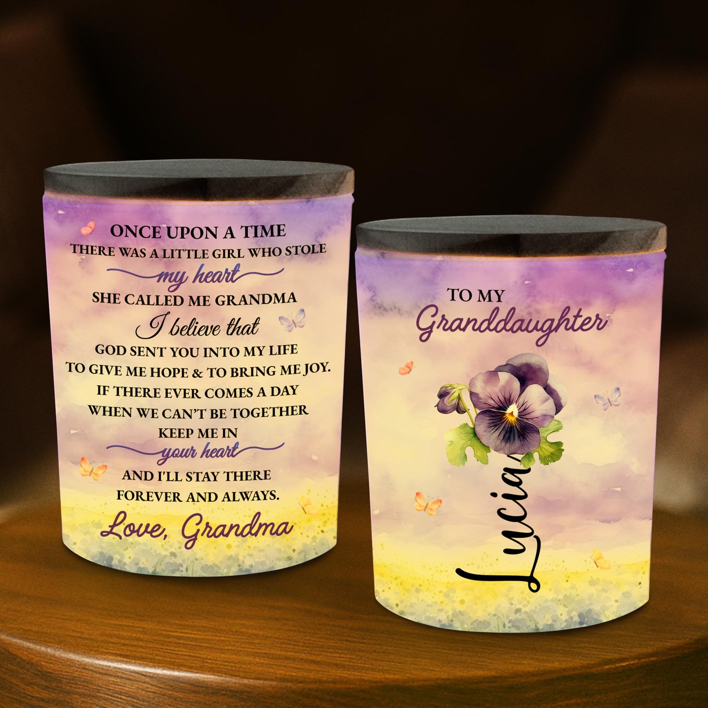 To My Granddaughter Butterfly And Floral Heartfelt Message - Personalized Custom Glass Jar With LED - GDT108_LEJAR
