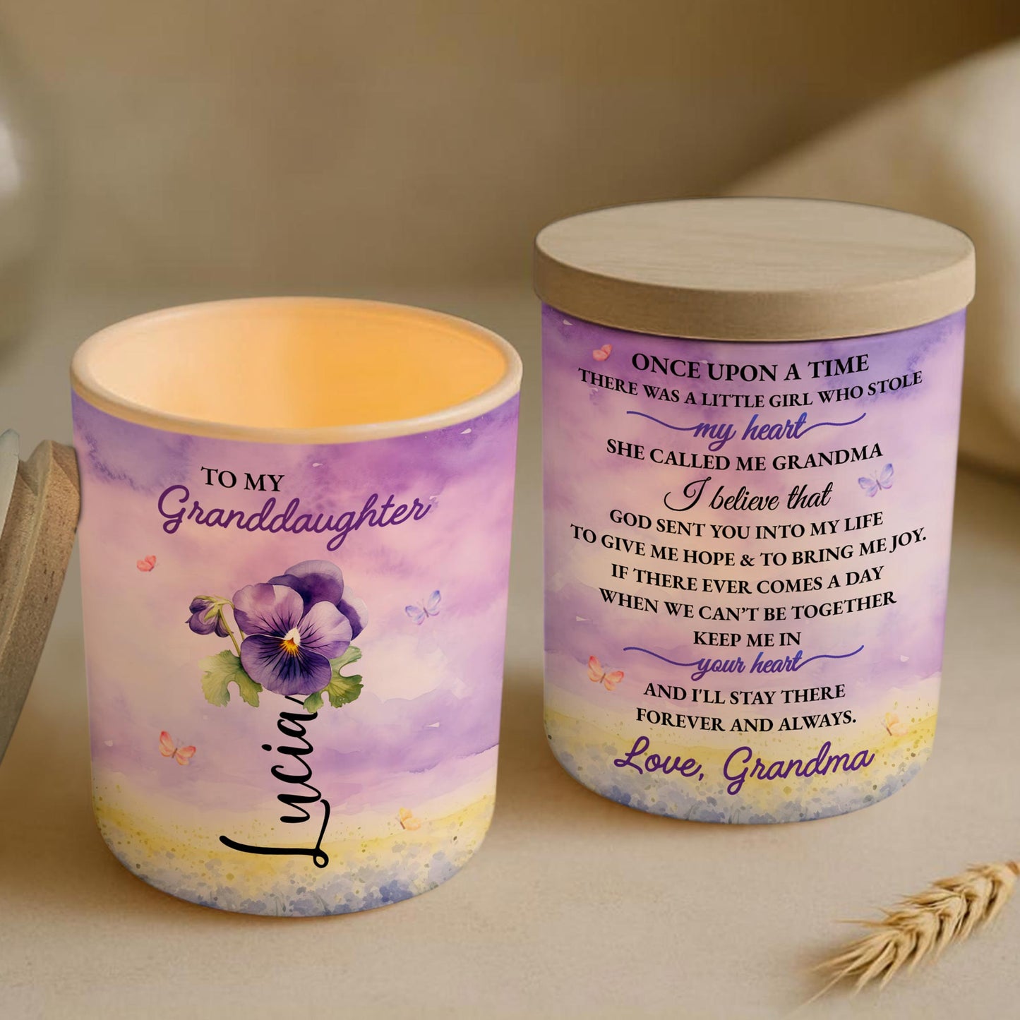 To My Granddaughter Butterfly And Floral Heartfelt Message - Personalized Custom Glass Jar With LED - GDT108_LEJAR