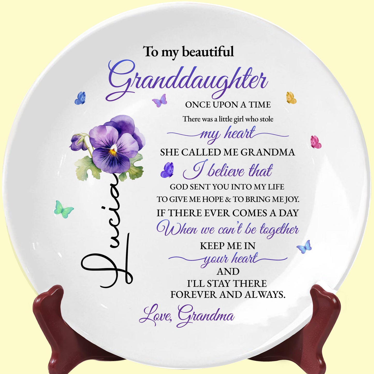 To My Beautiful Granddaughter, Once Upon A Time, Flowers And Hearts - Personalized Ceramic Plate - GDT108_RPLA