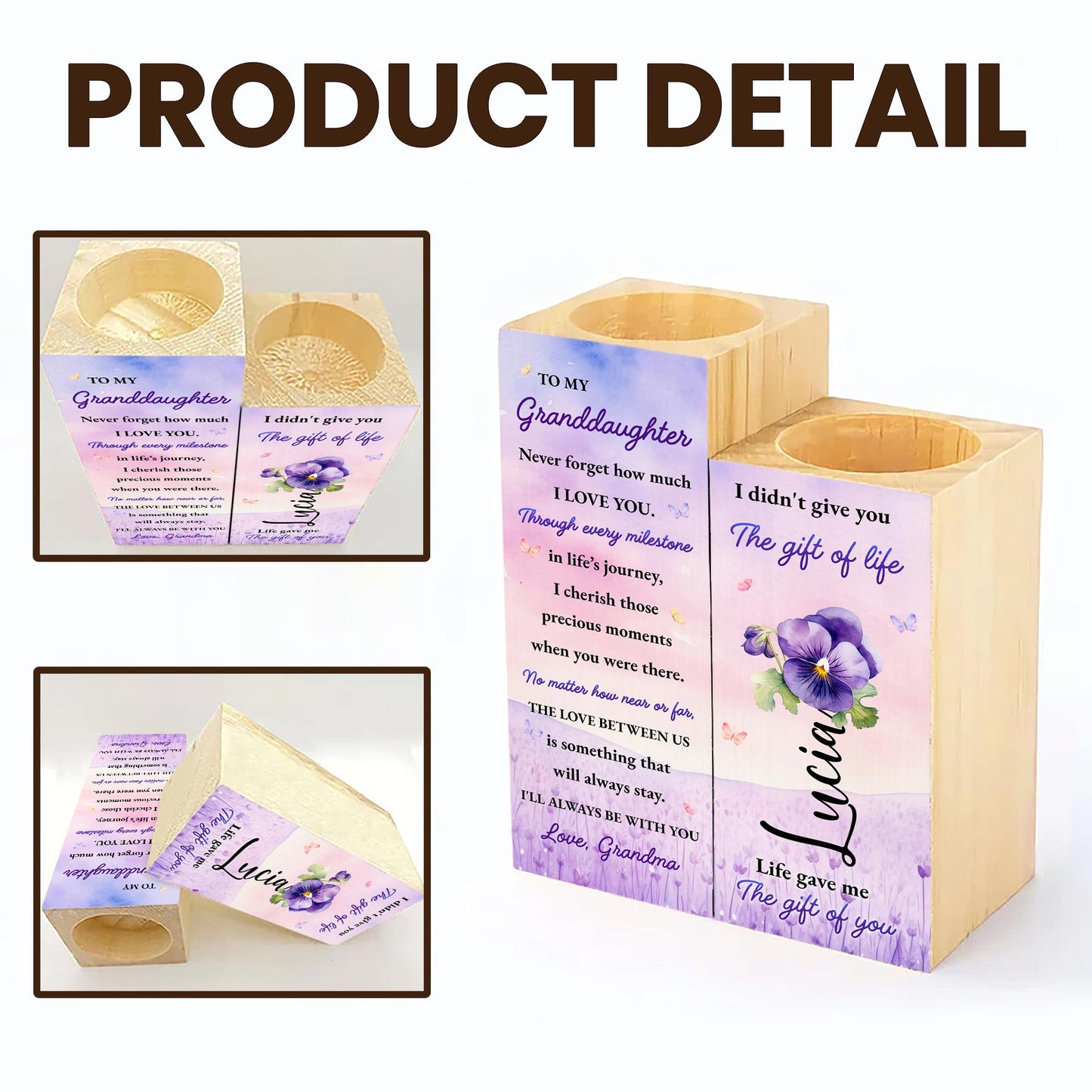 To My Granddaughter, Love Always Stays, Pansy Flowers - Personalized Custom Candle Holder - GDT121_CAHOW