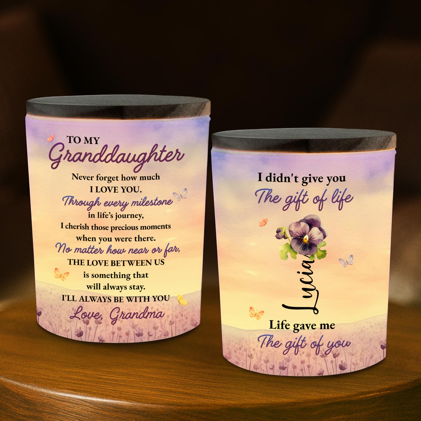 To My Granddaughter Love Always From Grandma With Flowers And Butterflies - Personalized Custom Glass Jar With LED - GDT121_LEJAR