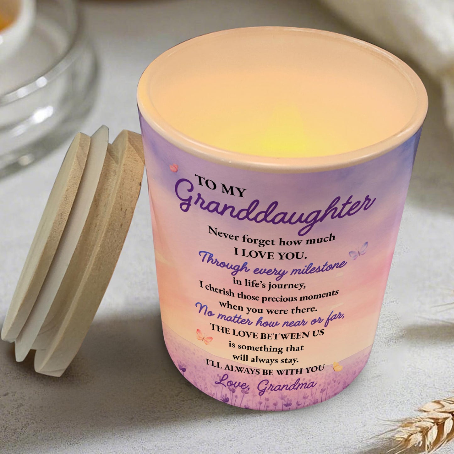 To My Granddaughter Love Always From Grandma With Flowers And Butterflies - Personalized Custom Glass Jar With LED - GDT121_LEJAR