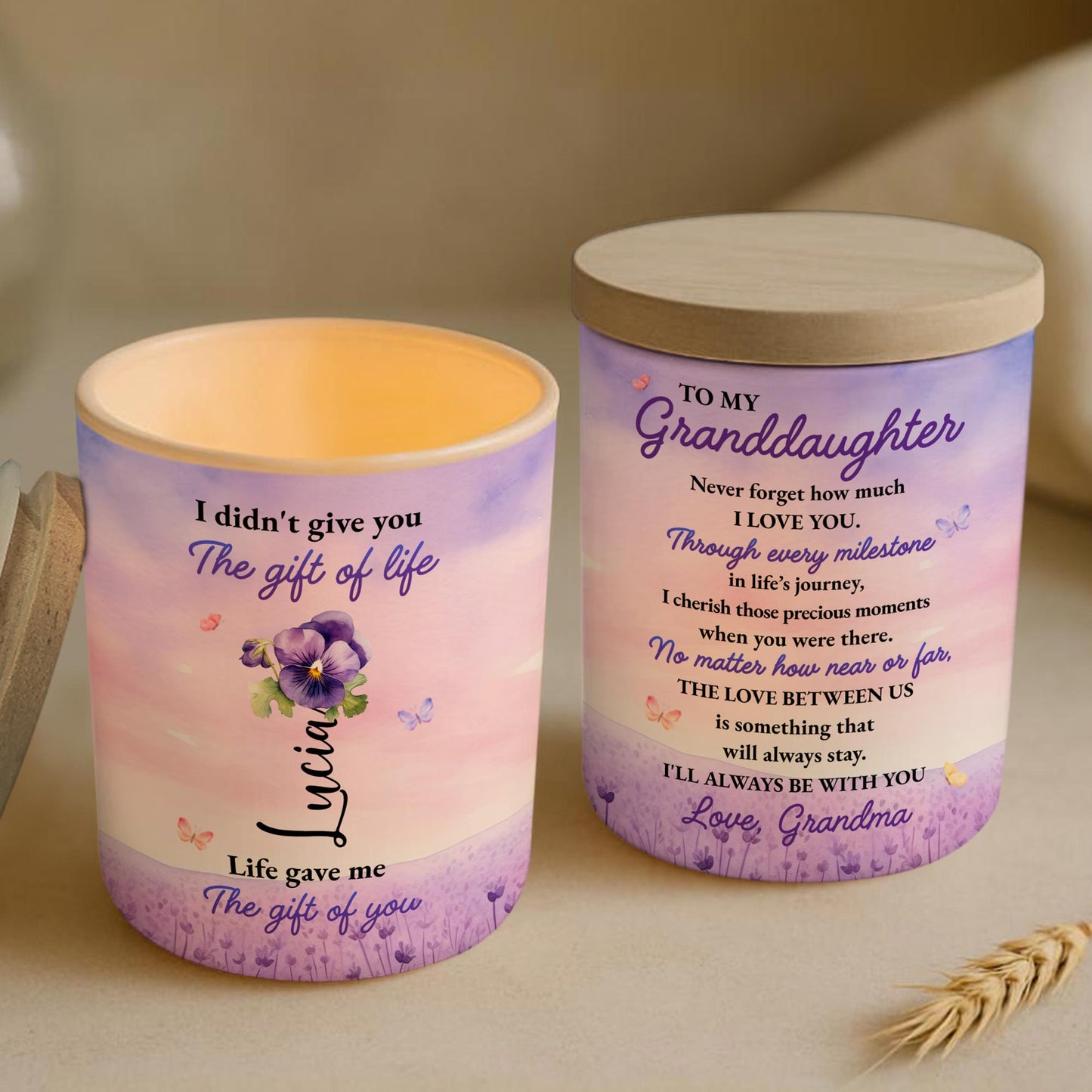 To My Granddaughter Love Always From Grandma With Flowers And Butterflies - Personalized Custom Glass Jar With LED - GDT121_LEJAR