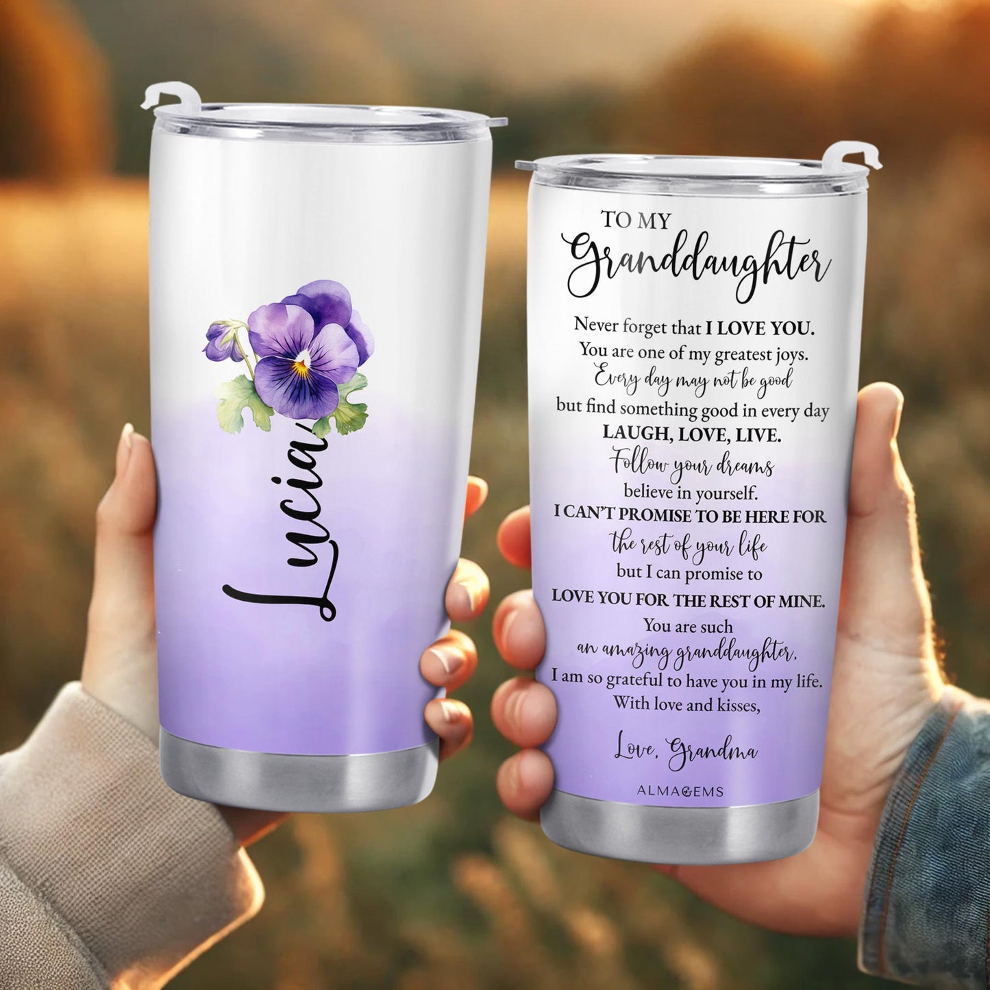 Granddaughter Love Promise Tumbler With Heartfelt Message and Flowers