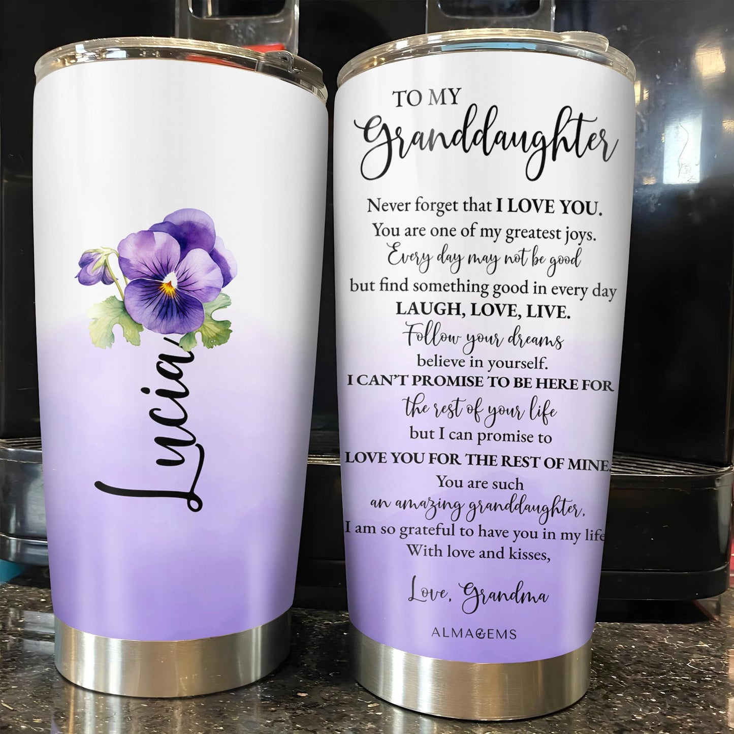 Granddaughter Love Promise Tumbler With Heartfelt Message and Flowers