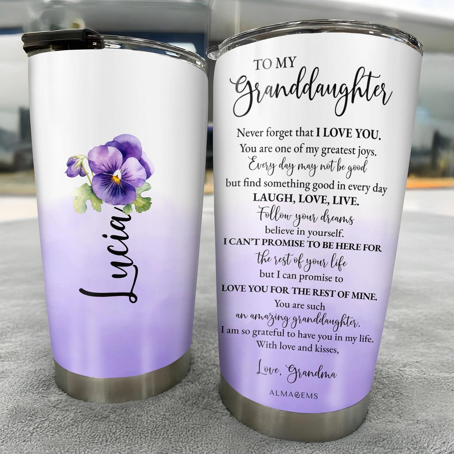 Granddaughter Love Promise Tumbler With Heartfelt Message and Flowers