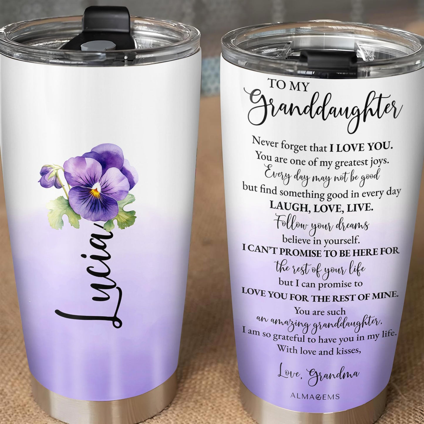 Granddaughter Love Promise Tumbler With Heartfelt Message and Flowers