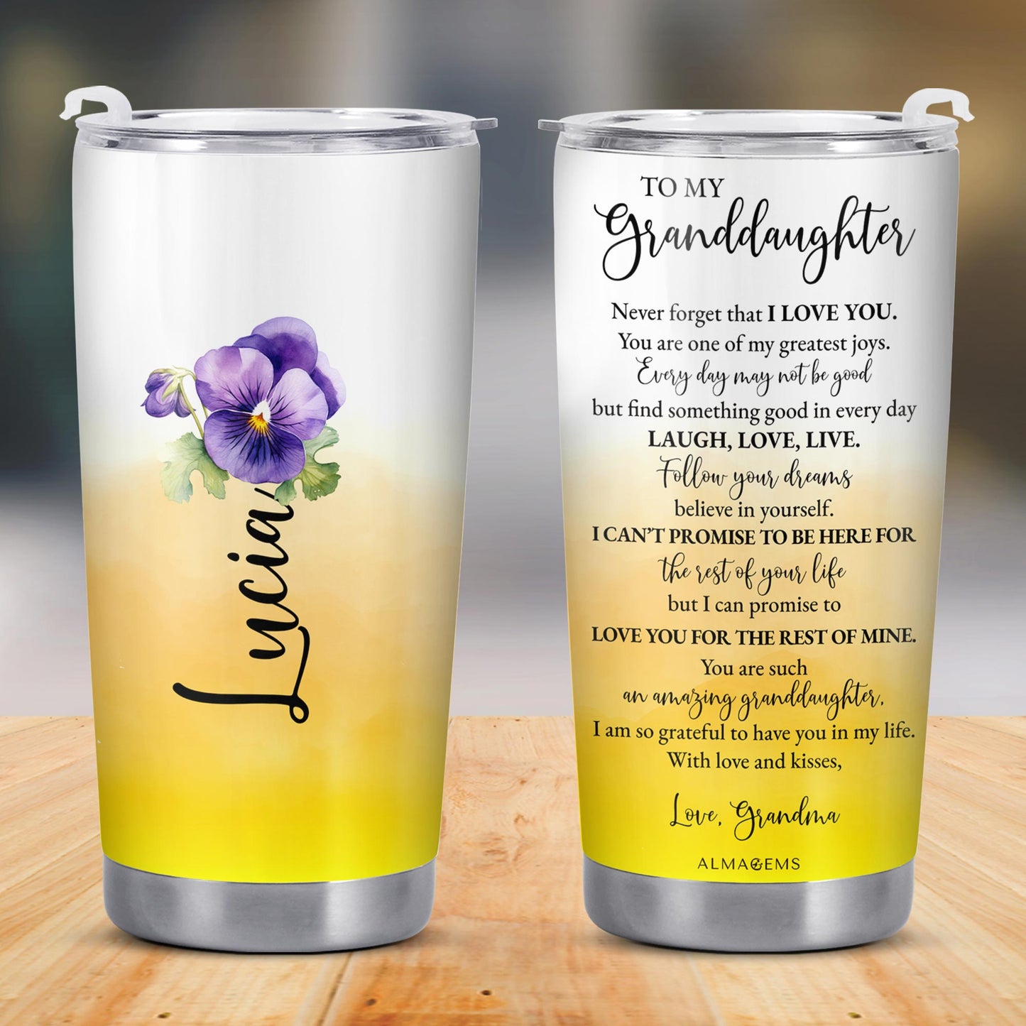 Granddaughter Love Promise Tumbler With Heartfelt Message and Flowers